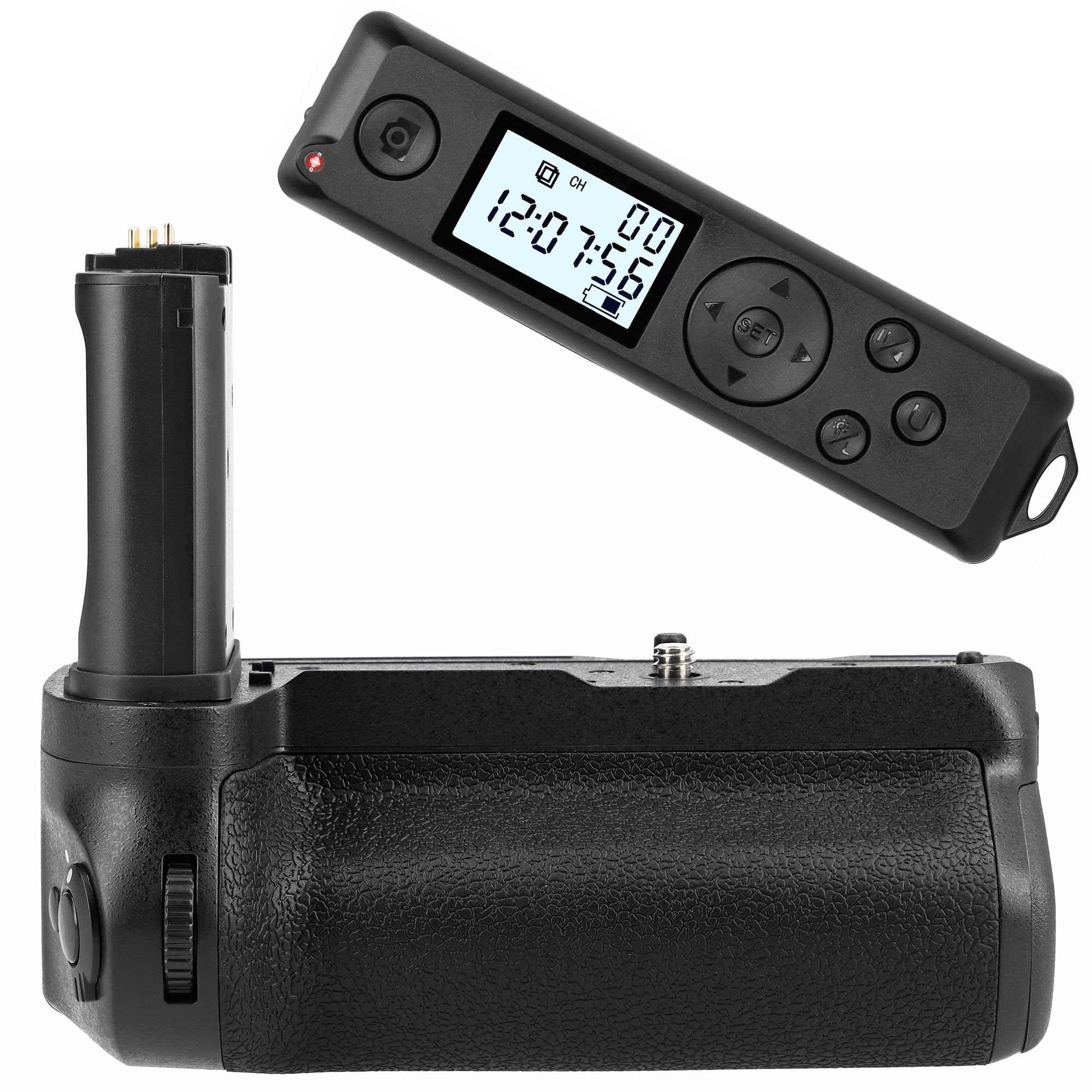 Schwarzer Kameragriff mit Fernbedienung und LCD. Zeigt Zeit und Einstellungen an. Batterie befestigt.