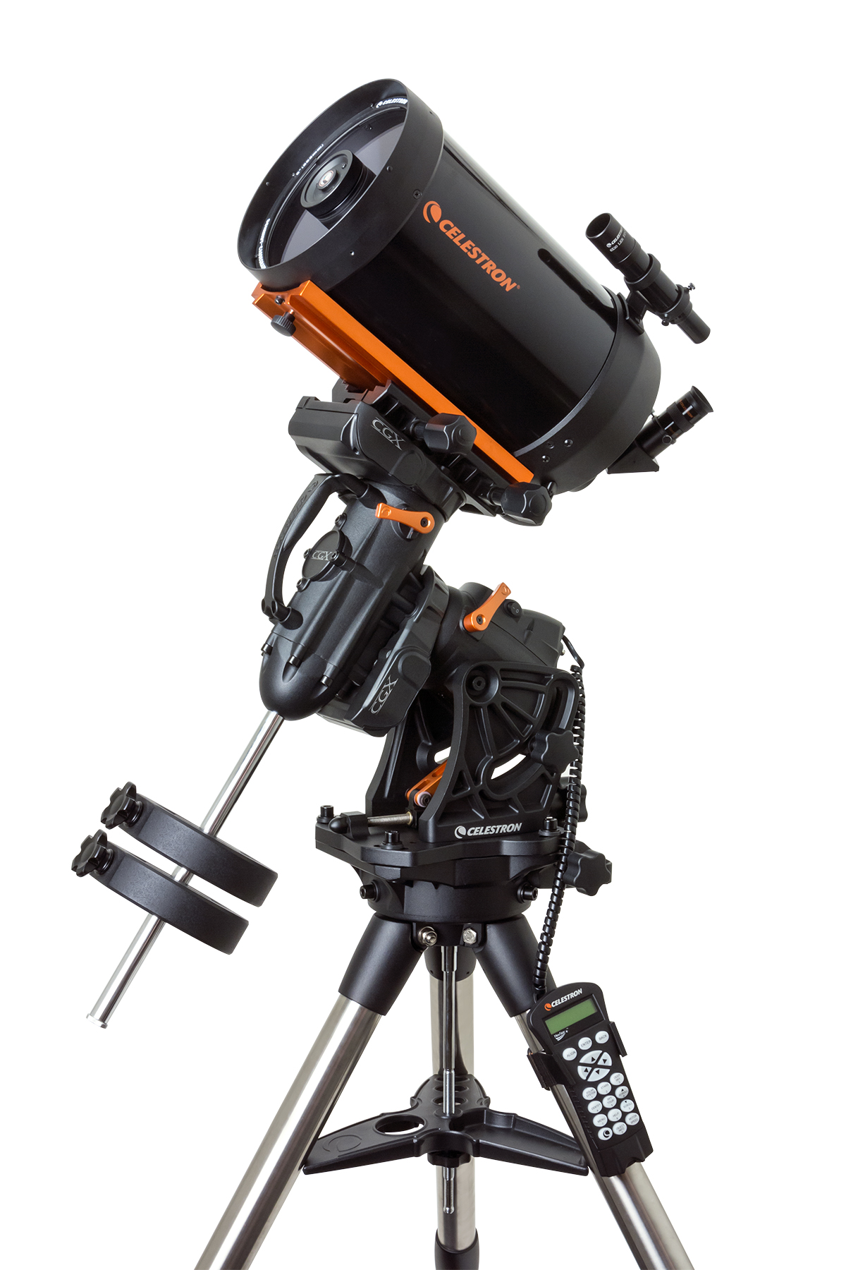 Schwarzes Teleskop auf Stativ. Mit orangefarbenen Akzenten und Bedienfeld.