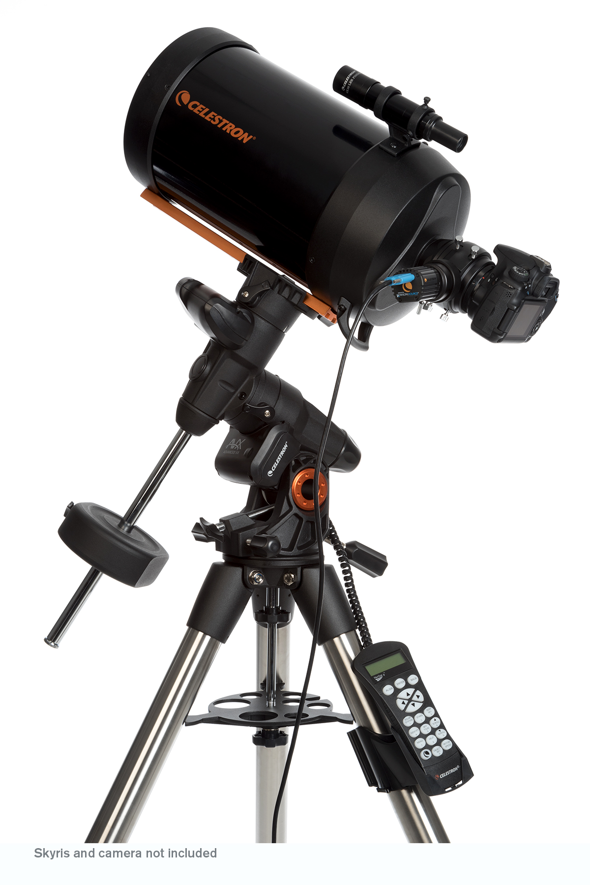 Schwarzes Teleskop auf einem Stativ mit Kamera und Fernbedienung. Skyris und Kamera nicht enthalten.