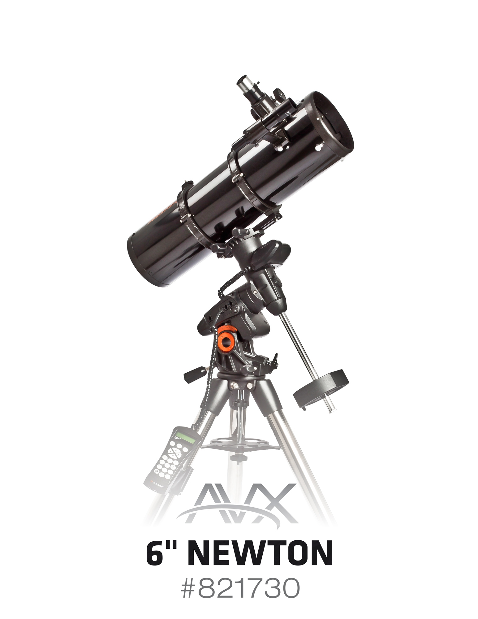 Schwarzes Teleskop auf einem Stativ. Die Basis hat ein orangefarbenes Einstellrad. Text '6" Newton'.