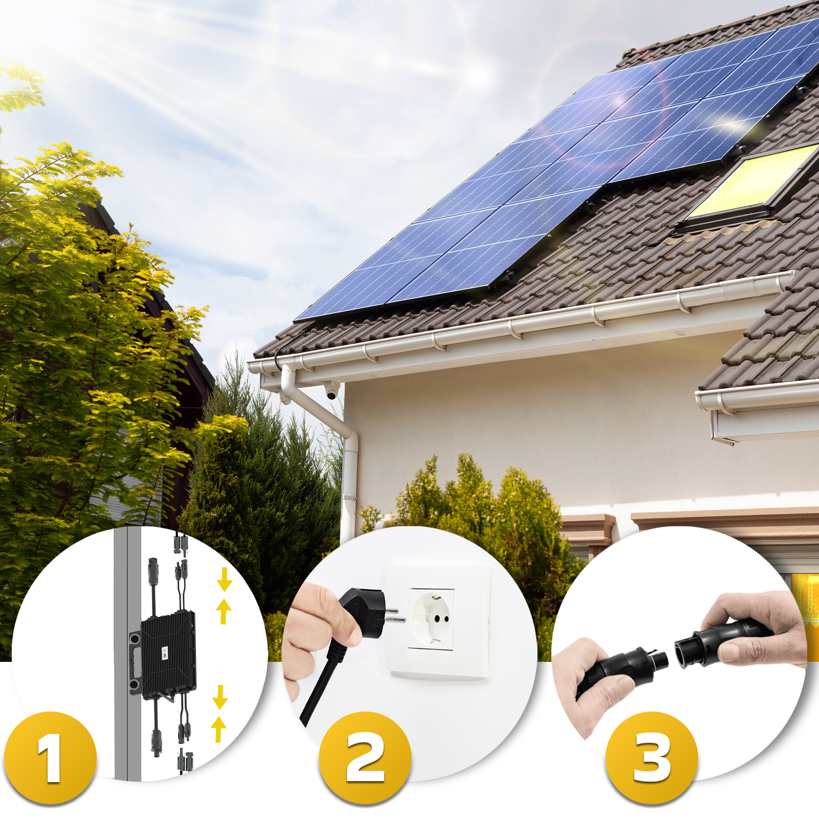 Schritte zur Installation von Solarmodulen: Paneel auf dem Dach, Stecker in der Steckdose und Kabel anschließen.