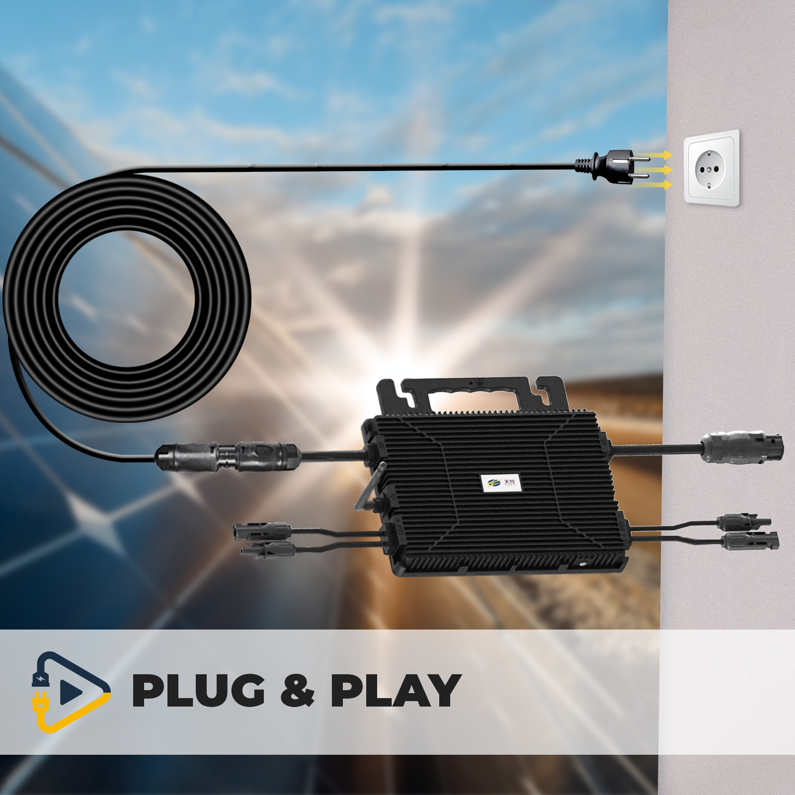 Solarpanel-System, das an einen Stecker angeschlossen ist, mit Nutzungshinweisen.