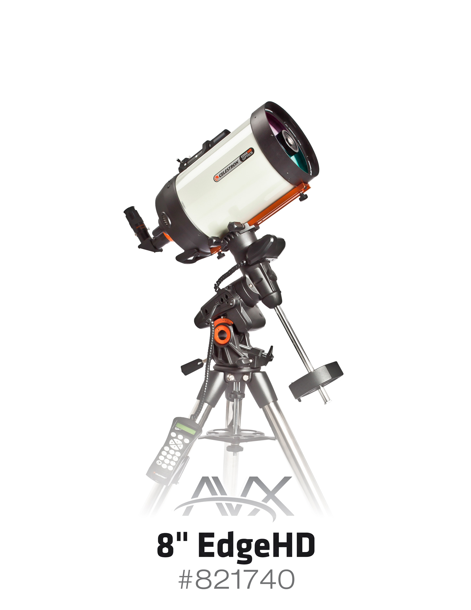 Weißes Celestron Teleskop mit orangefarbenen Akzenten auf einem Stativ. Weißer Hintergrund.