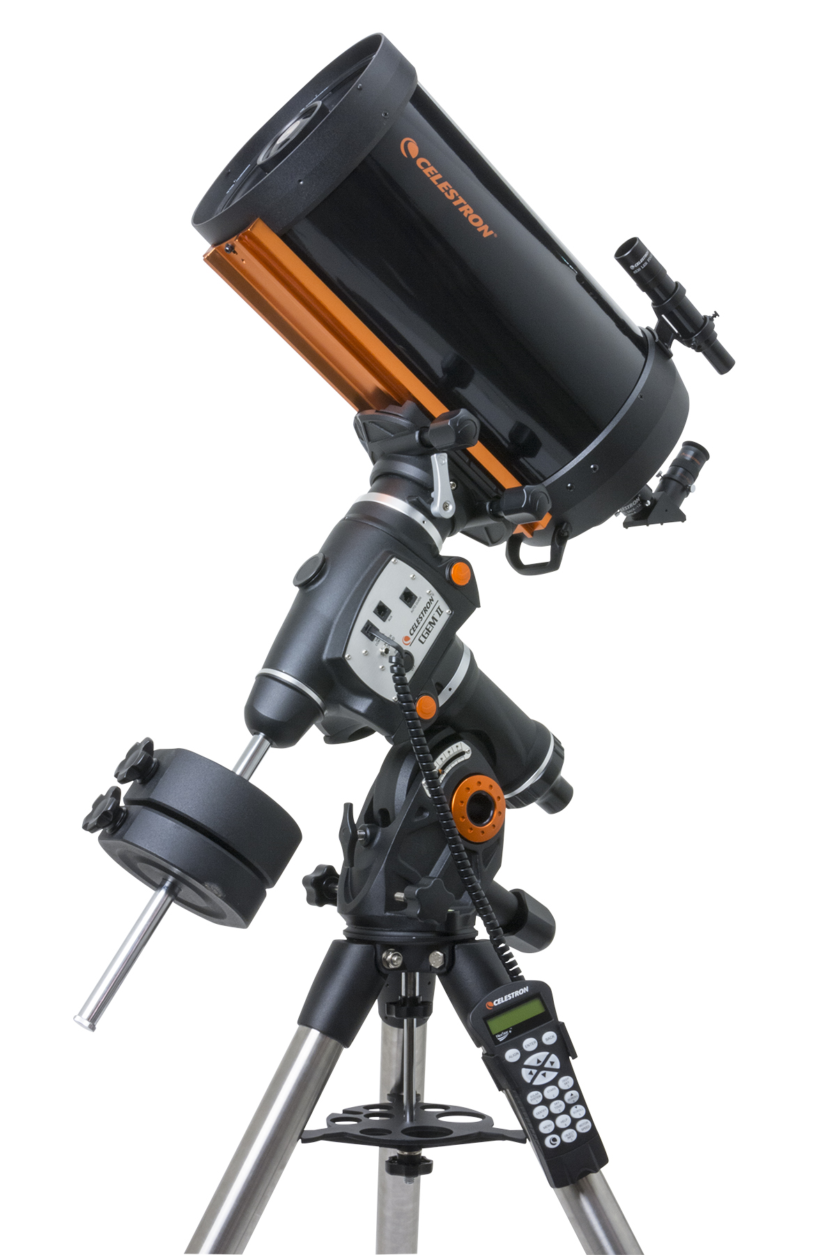 Ein schwarzes und orangefarbenes Celestron-Teleskop auf einem Stativ, mit Bedienfeld und Handsteuerung.