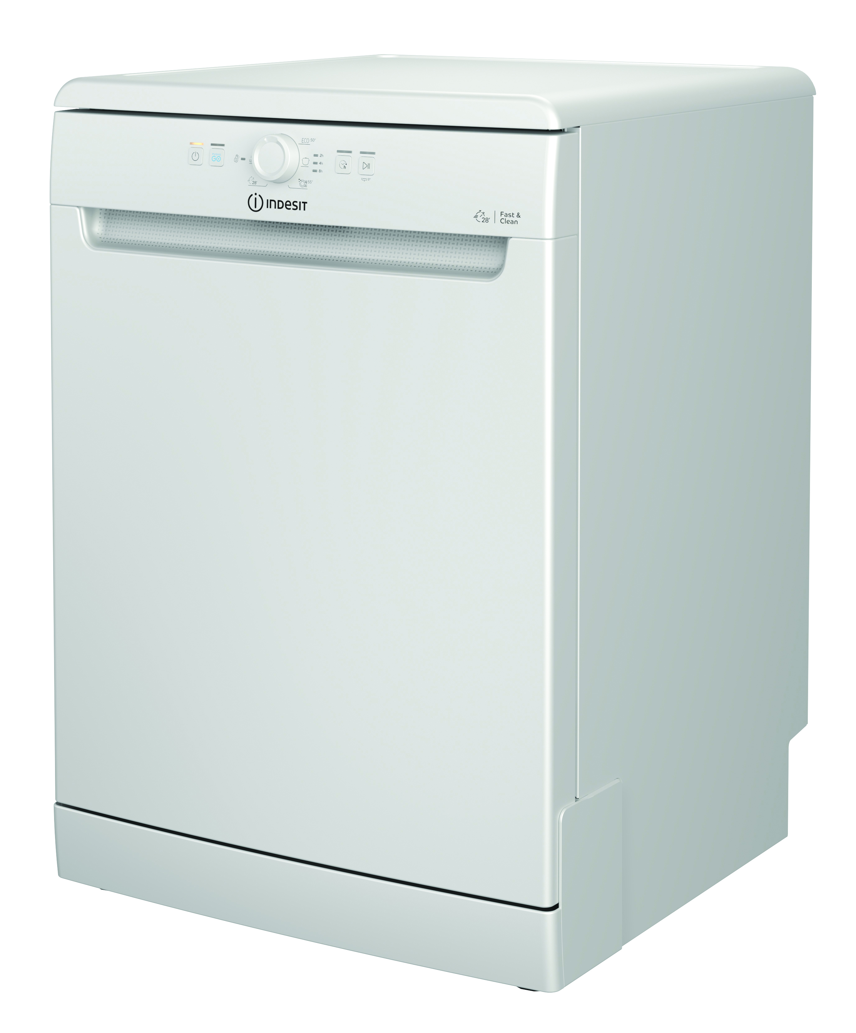 Lavastoviglie Indesit bianca, vista angolata. Pannello comandi in alto, esterno bianco.