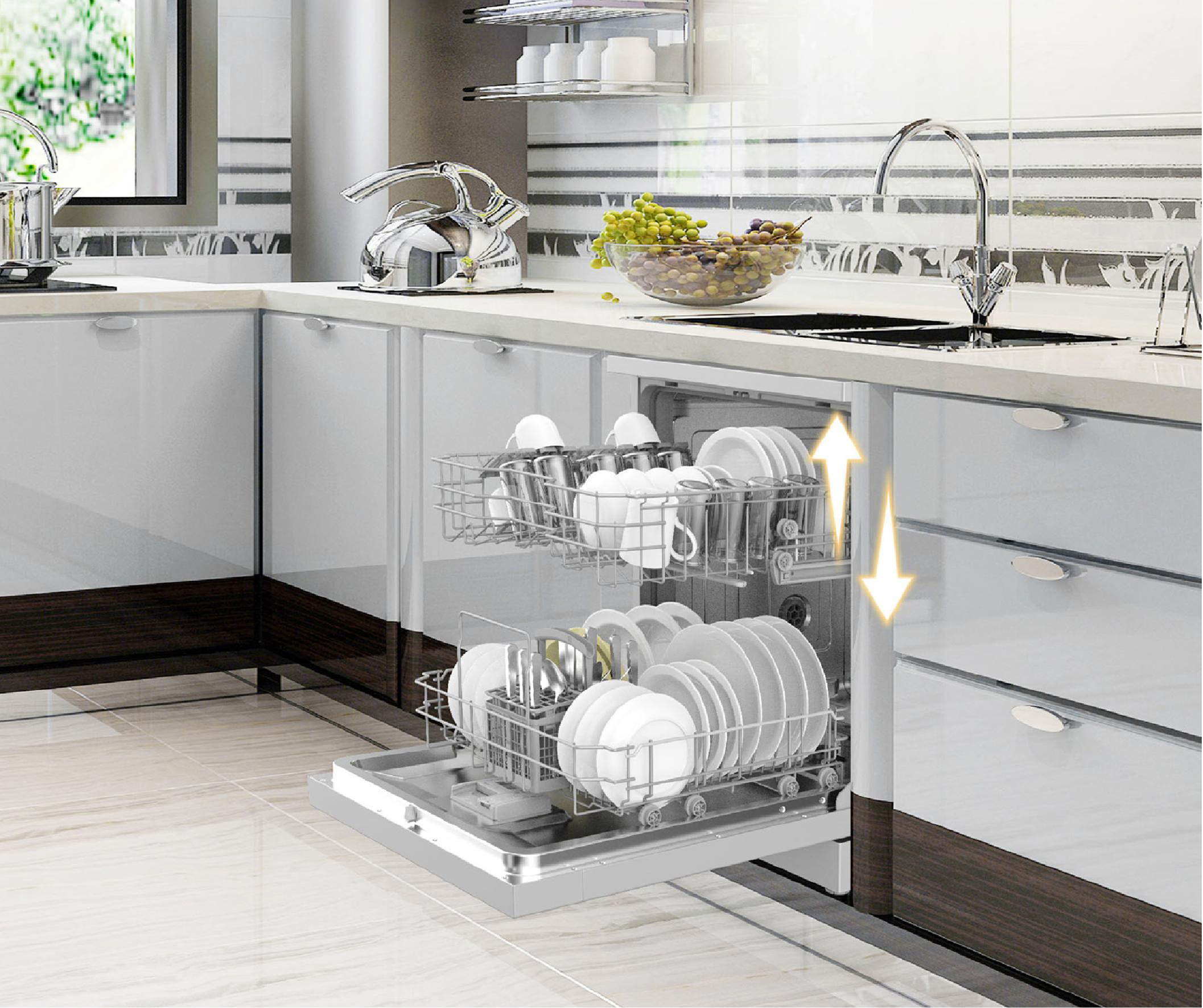 Scena kuchenna ze zmywarką, zlewem i naczyniami, ze strzałką.