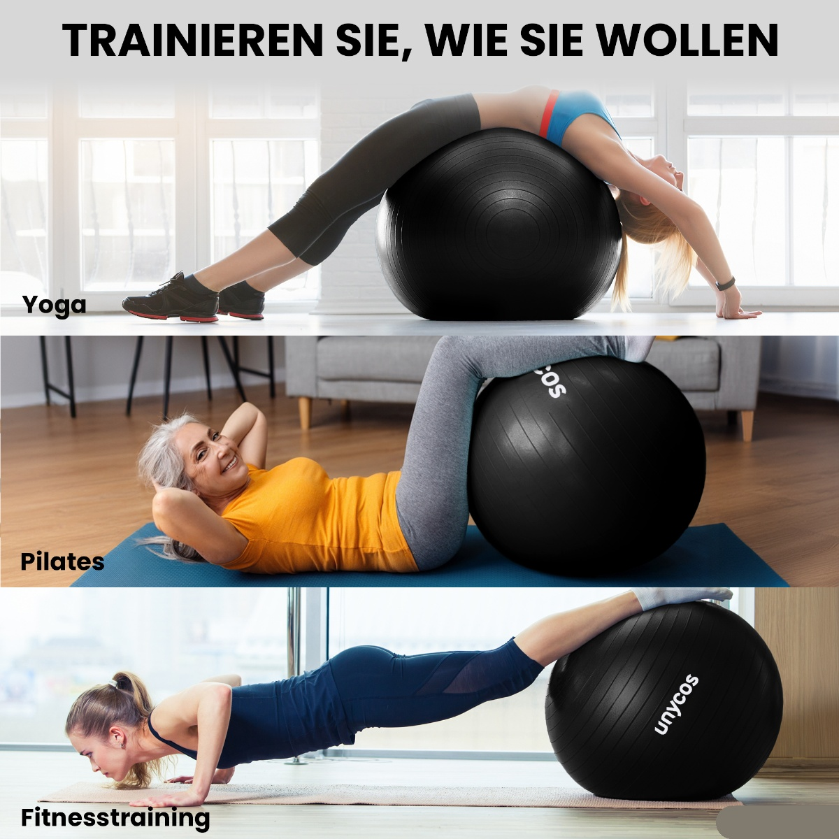 Frau macht Yoga, Pilates und Fitness mit einem schwarzen Gymnastikball. Verschiedene Positionen.