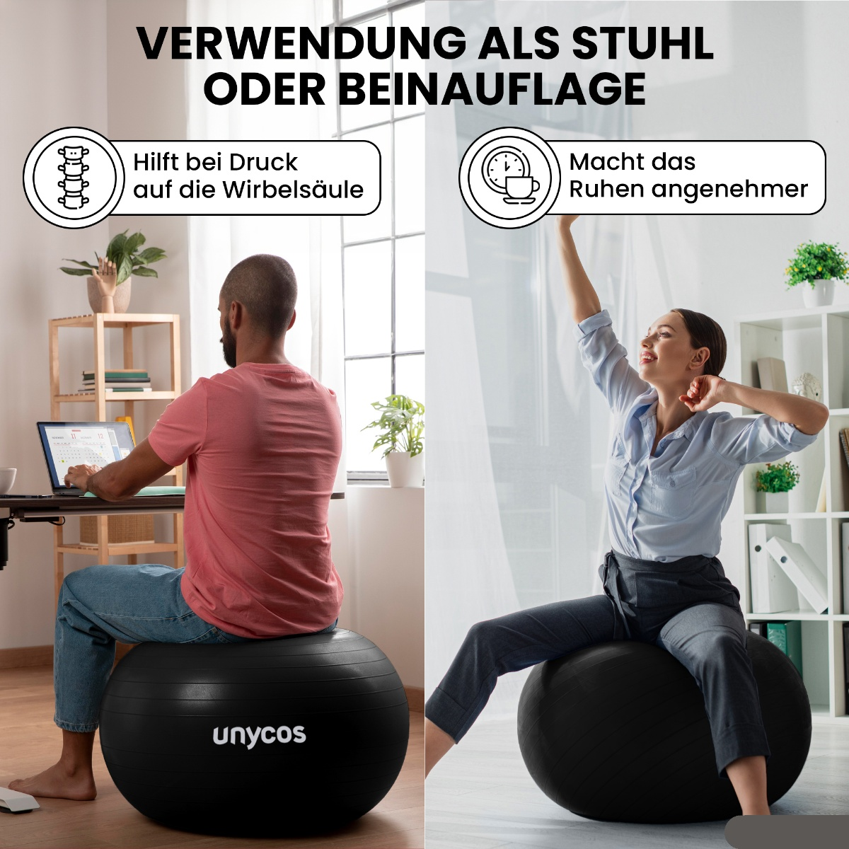 Zwei Personen benutzen einen schwarzen Balance-Ball, eine am Schreibtisch und eine entspannt darauf.
