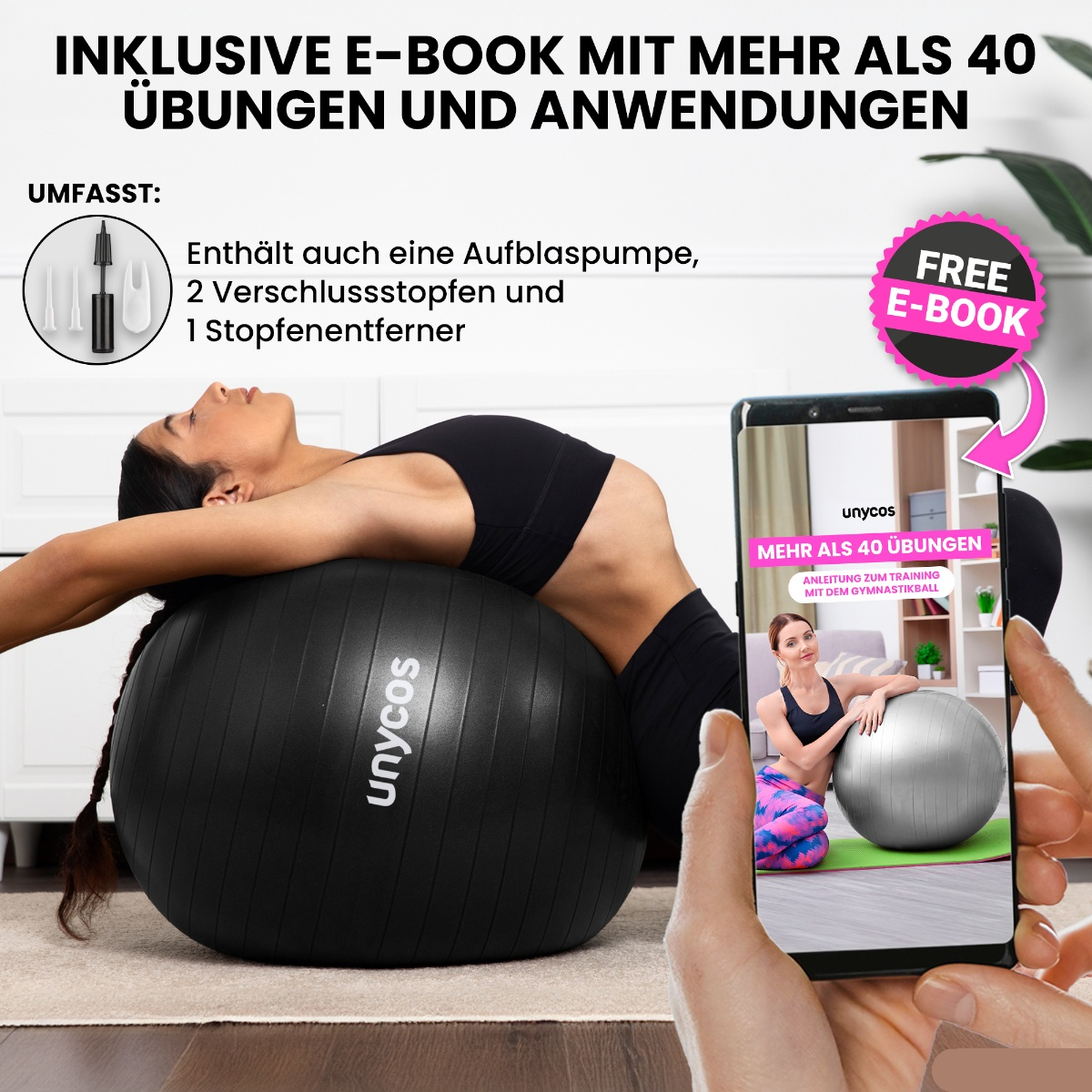 Eine Frau liegt auf einem schwarzen Gymnastikball und hält ein Handy mit Übungsanweisungen.