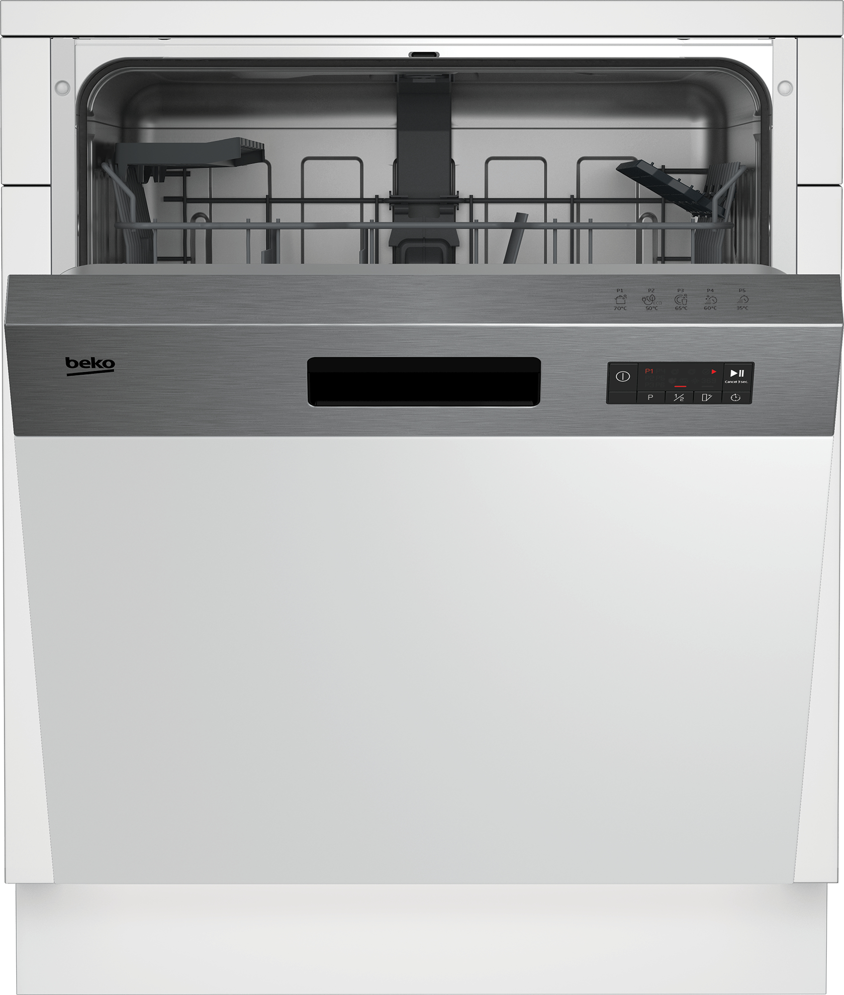 Lavastoviglie Beko bianca con porta aperta. Pannello di controllo visibile e l'interno è visibile.