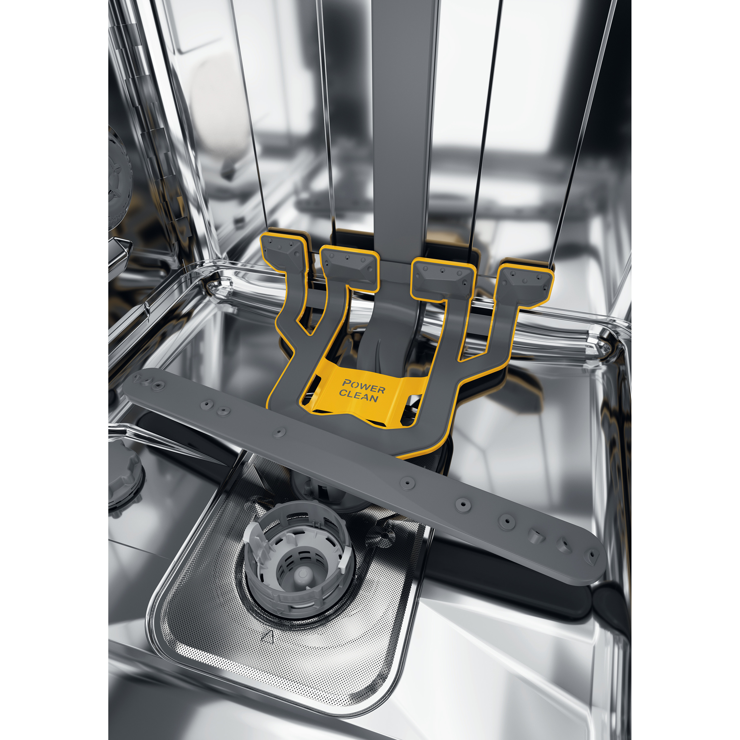 Nahaufnahme des Innenraums eines Geschirrspülers. Das Power Clean-System ist prominent.