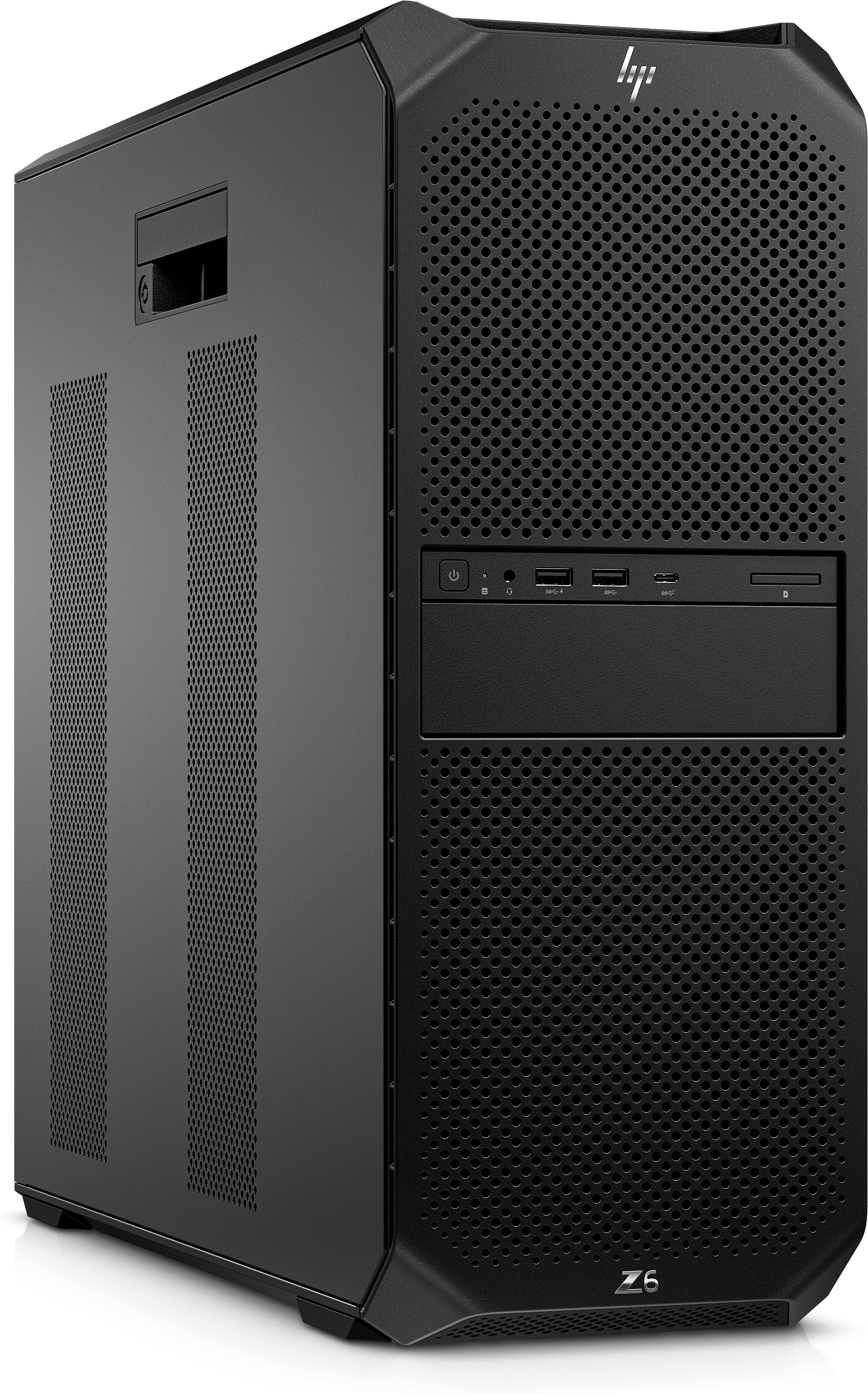 Ein schwarzes HP Z6 Workstation-Computergehäuse mit perforierter Frontplatte und HP-Logo.