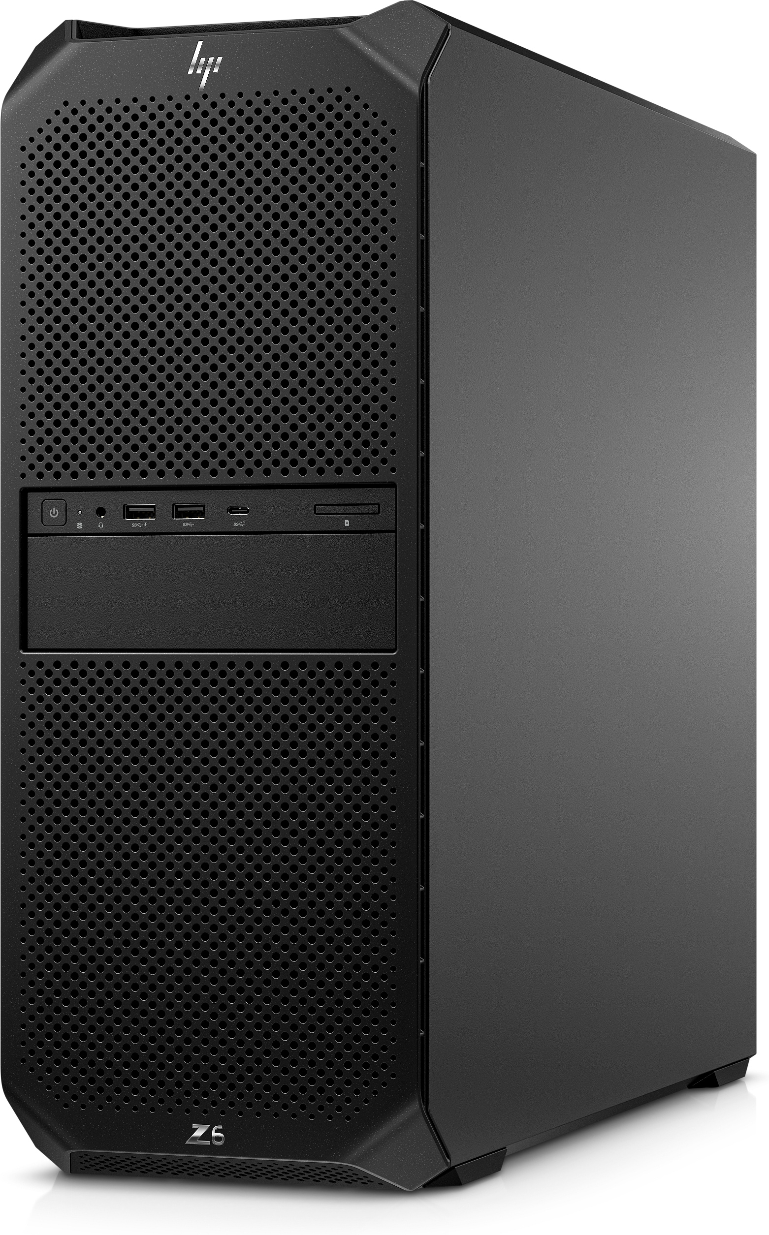 Ein schwarzer HP Z6 Workstation-Computer-Tower mit strukturiertem Frontpanel-Design.