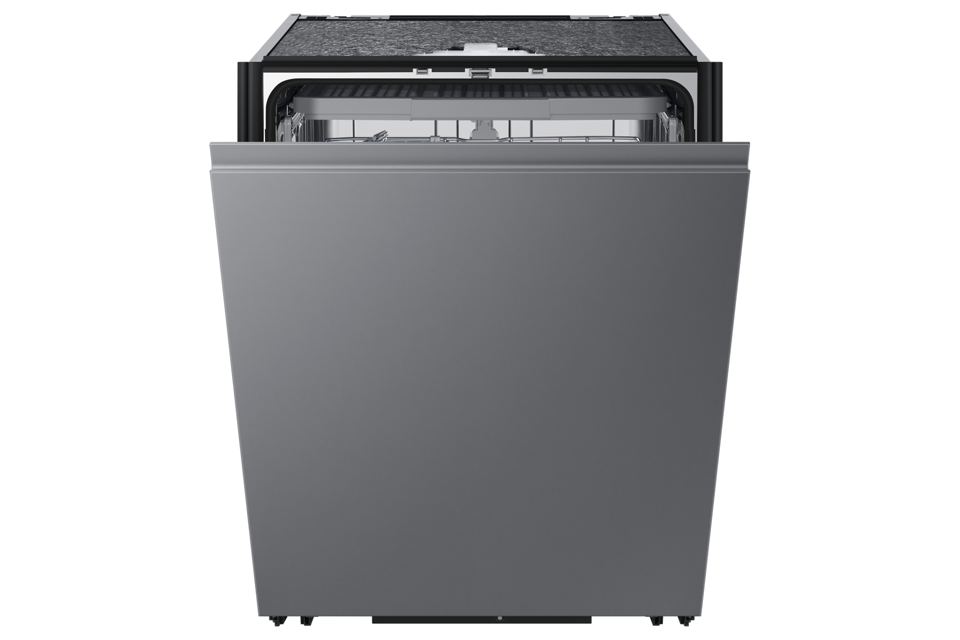 Zamknięta zmywarka, szary przód. Góra otwarta, widać wnętrze.