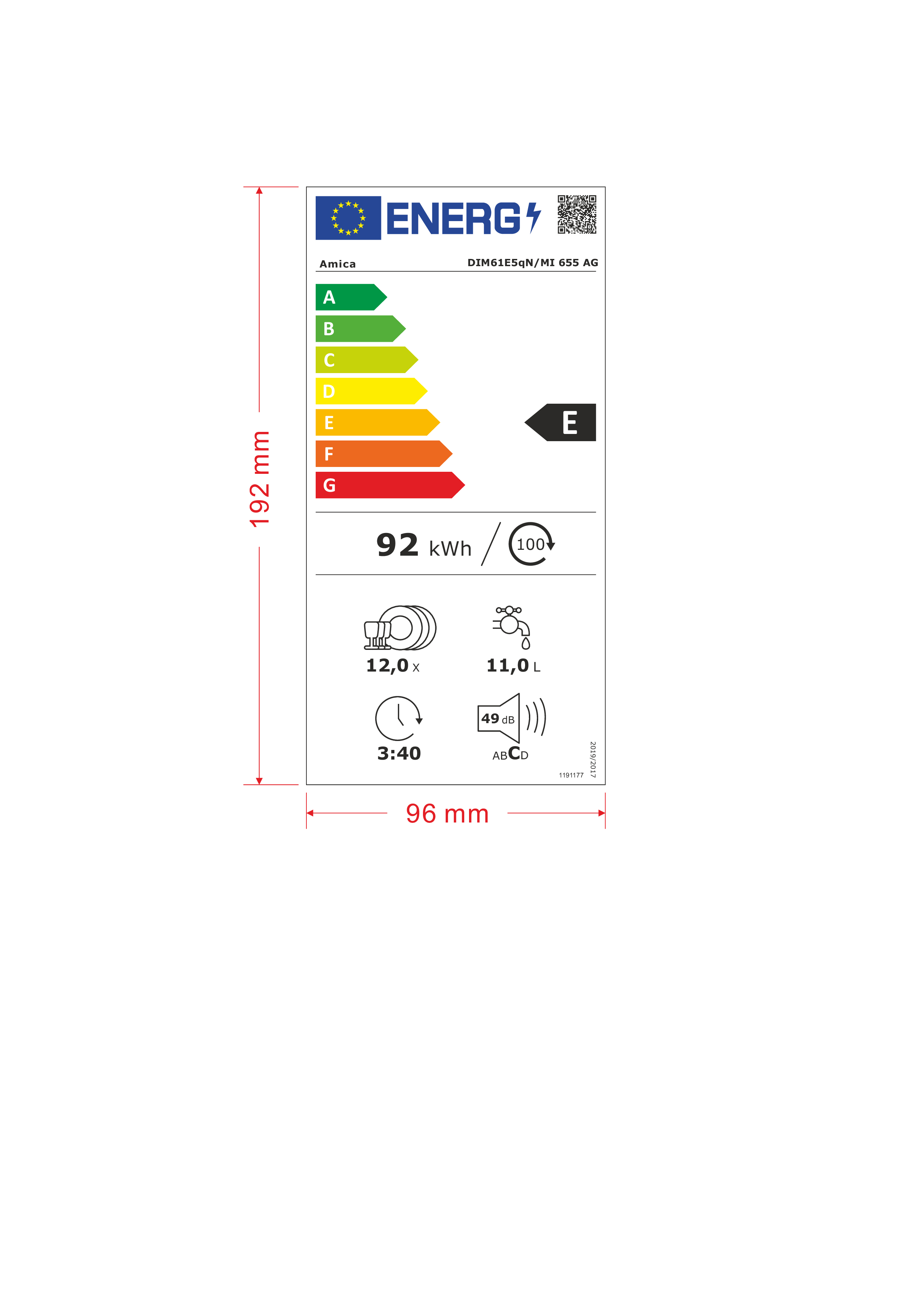 Étiquette énergétique Amica. Affiche l'efficacité énergétique, la consommation d'eau et les détails.