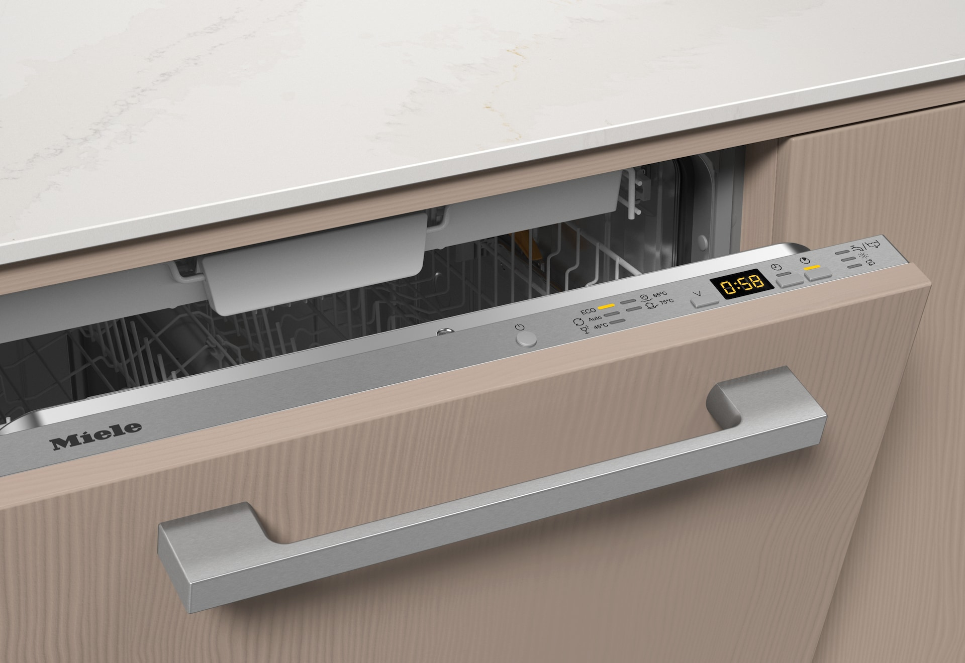 Pannello di controllo della lavastoviglie Miele, che mostra un timer e pulsanti di controllo, integrato in un mobile.