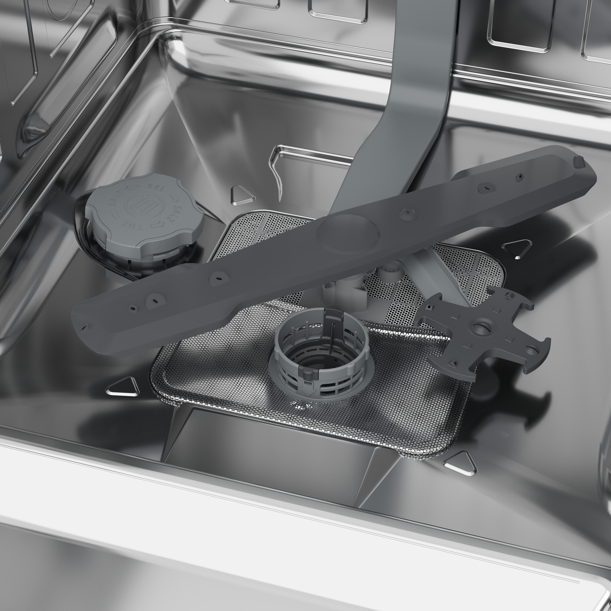 Interno di una lavastoviglie. Mostra filtro, braccio irroratore e altri componenti. Finitura in acciaio inox.