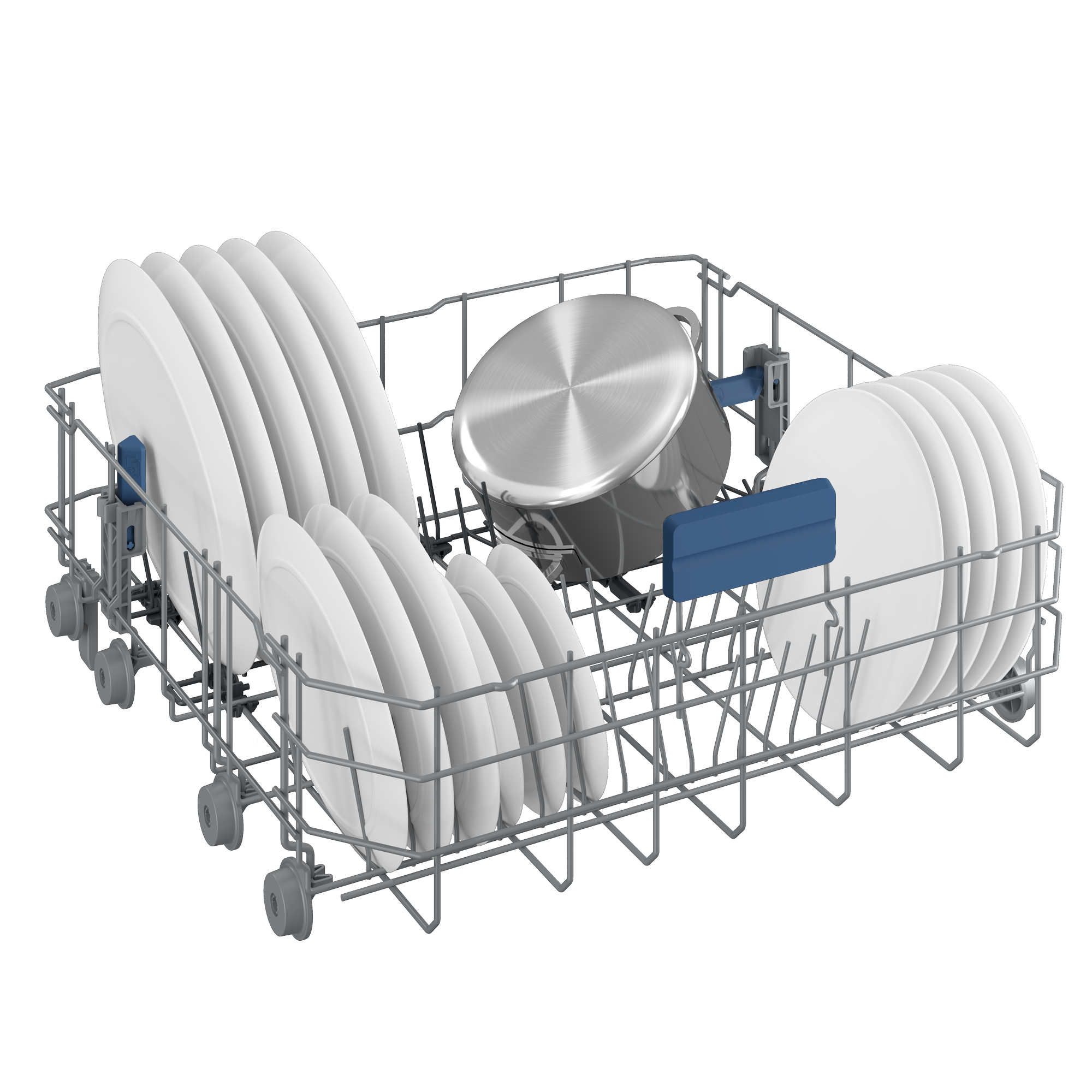 Wnętrze zmywarki załadowane białymi talerzami i garnkiem, gotowe do mycia.