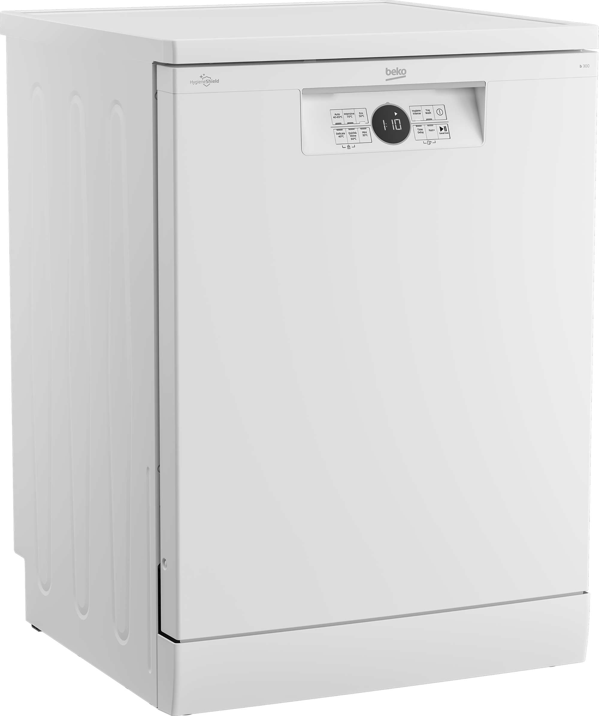 White Beko dishwasher, closed and angled to the left, with control panel.