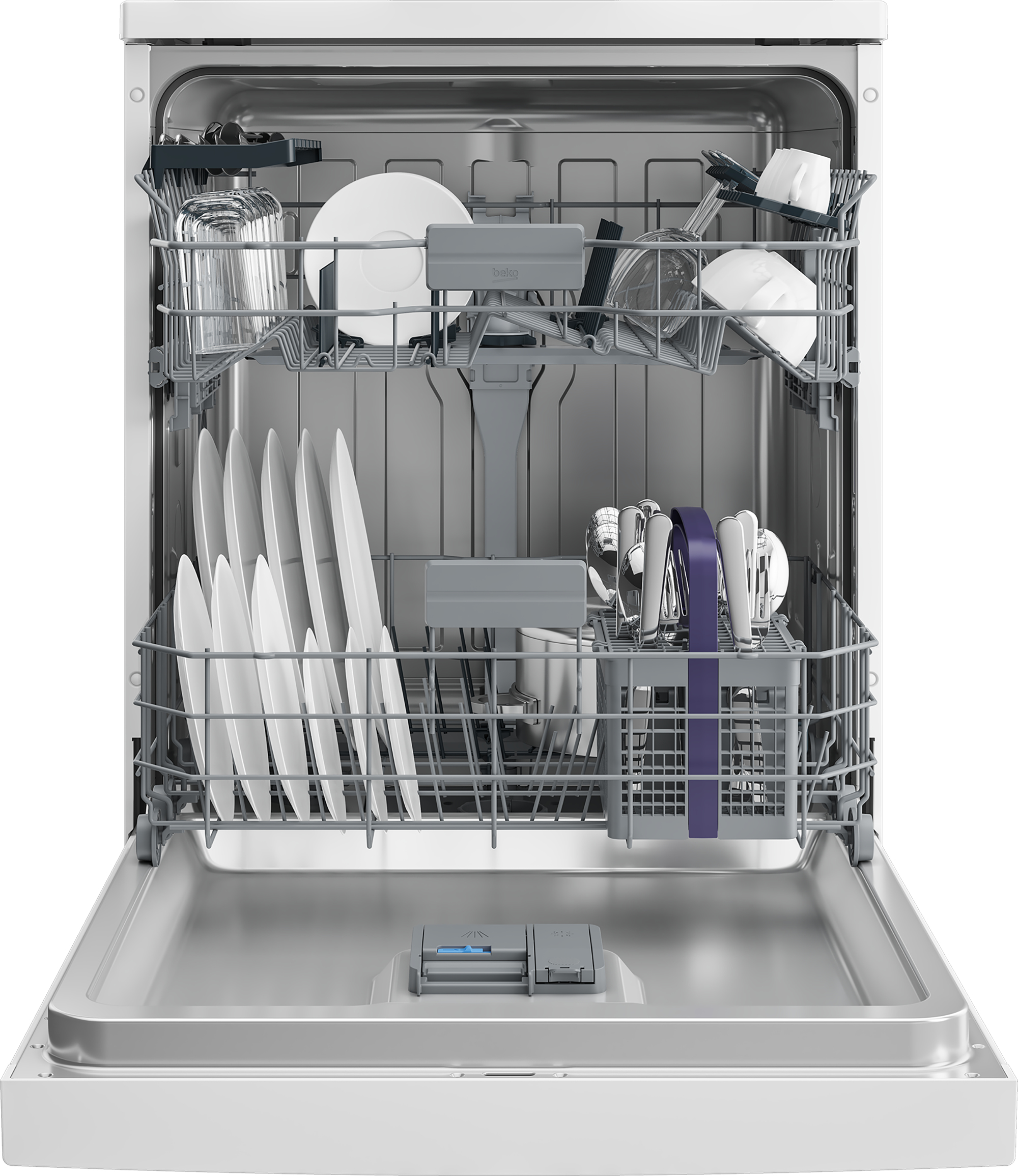 Dishwasher interior with dishes, glasses, and cutlery, ready for washing.