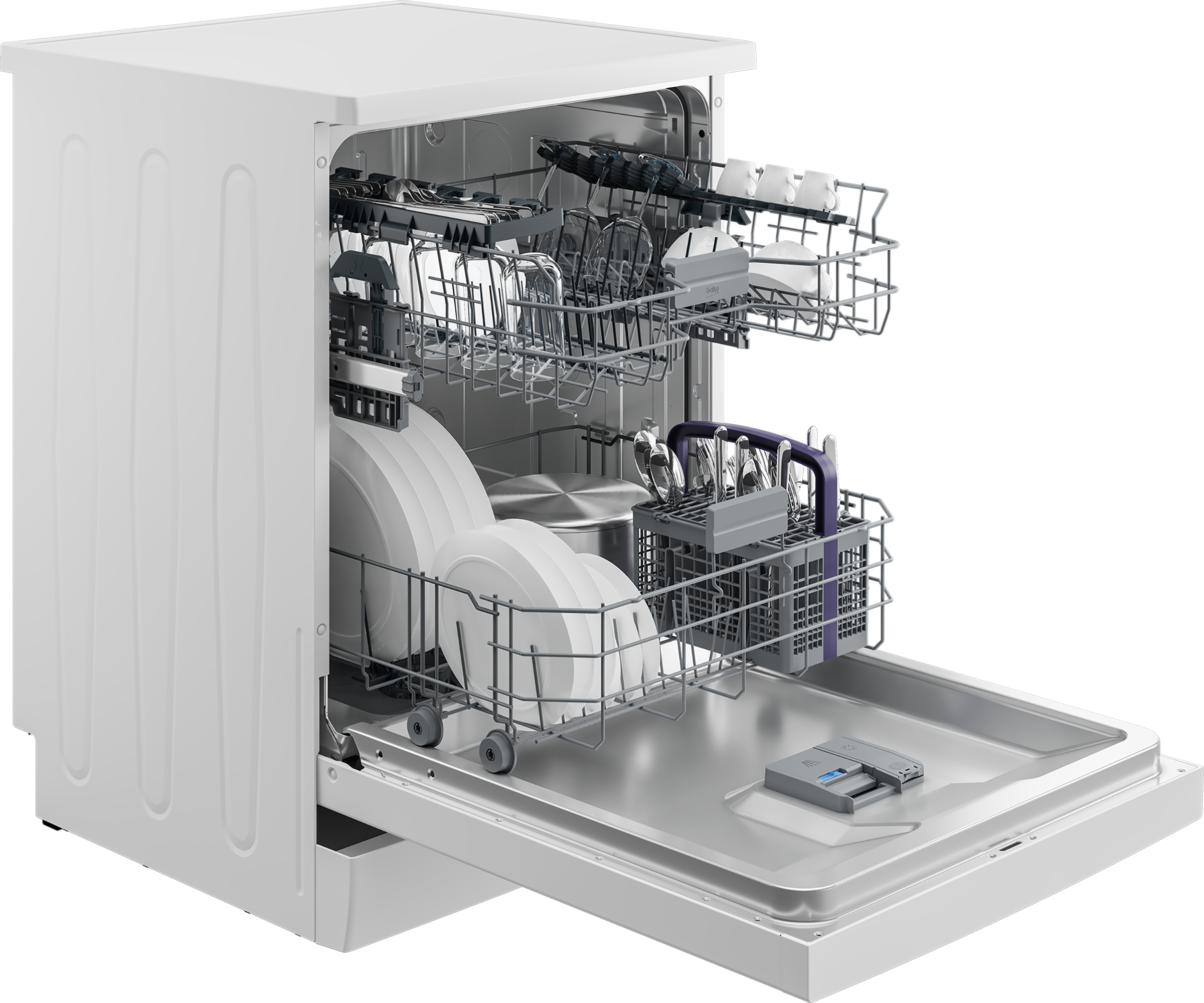 A white dishwasher with the door open showing dishes and silverware.
