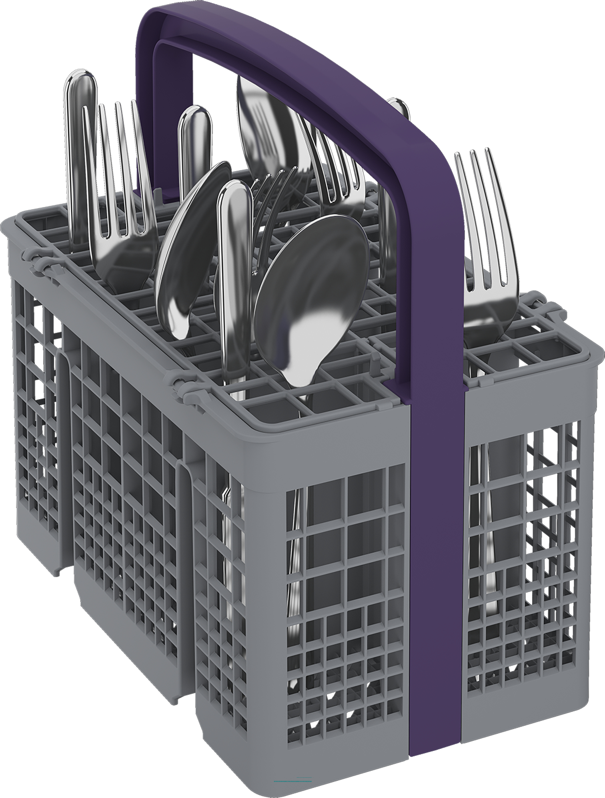 A gray dishwasher cutlery basket containing forks, spoons, and knives.