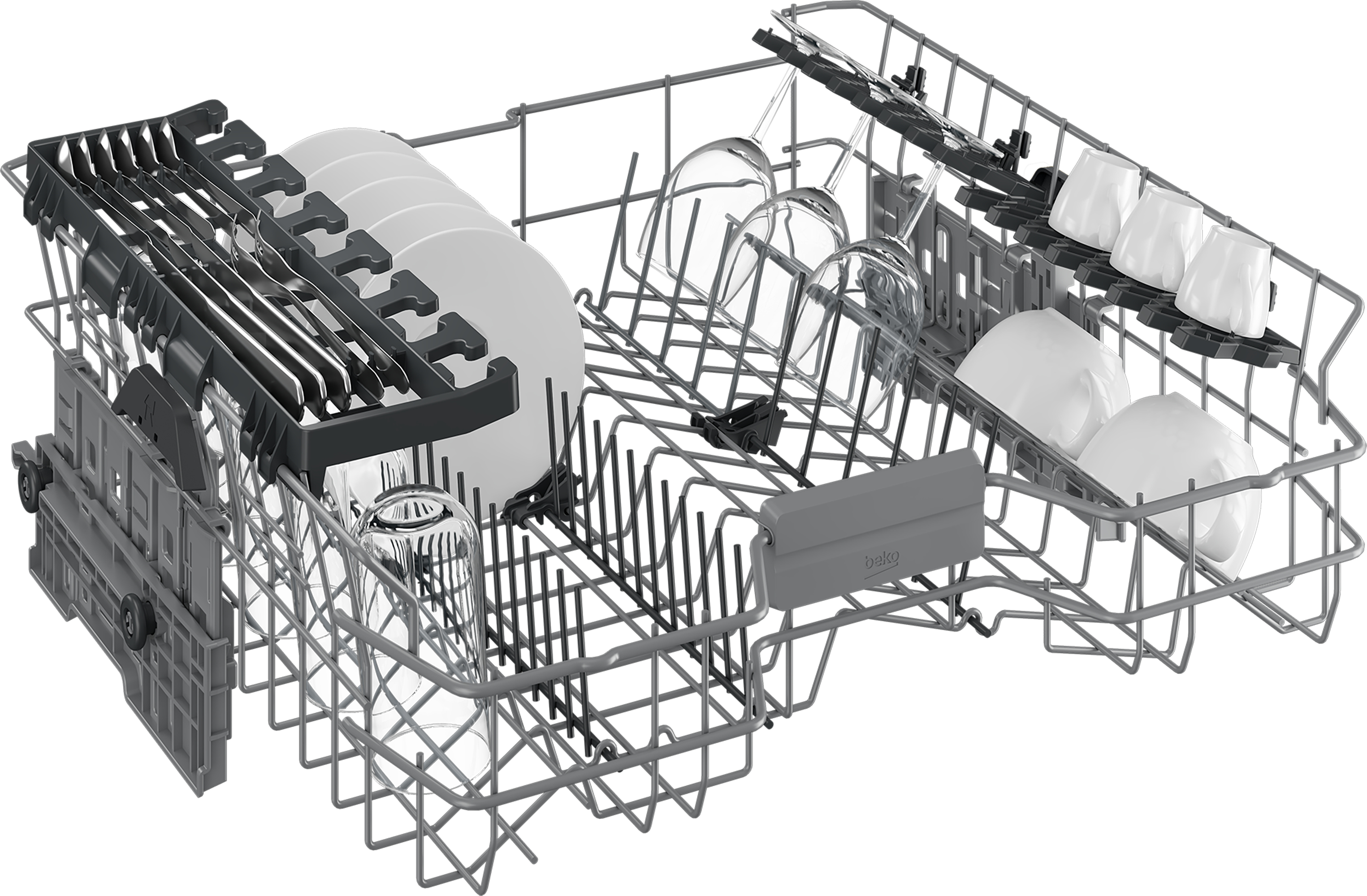 Close-up of dishwasher rack with dishes, glasses, and cutlery.