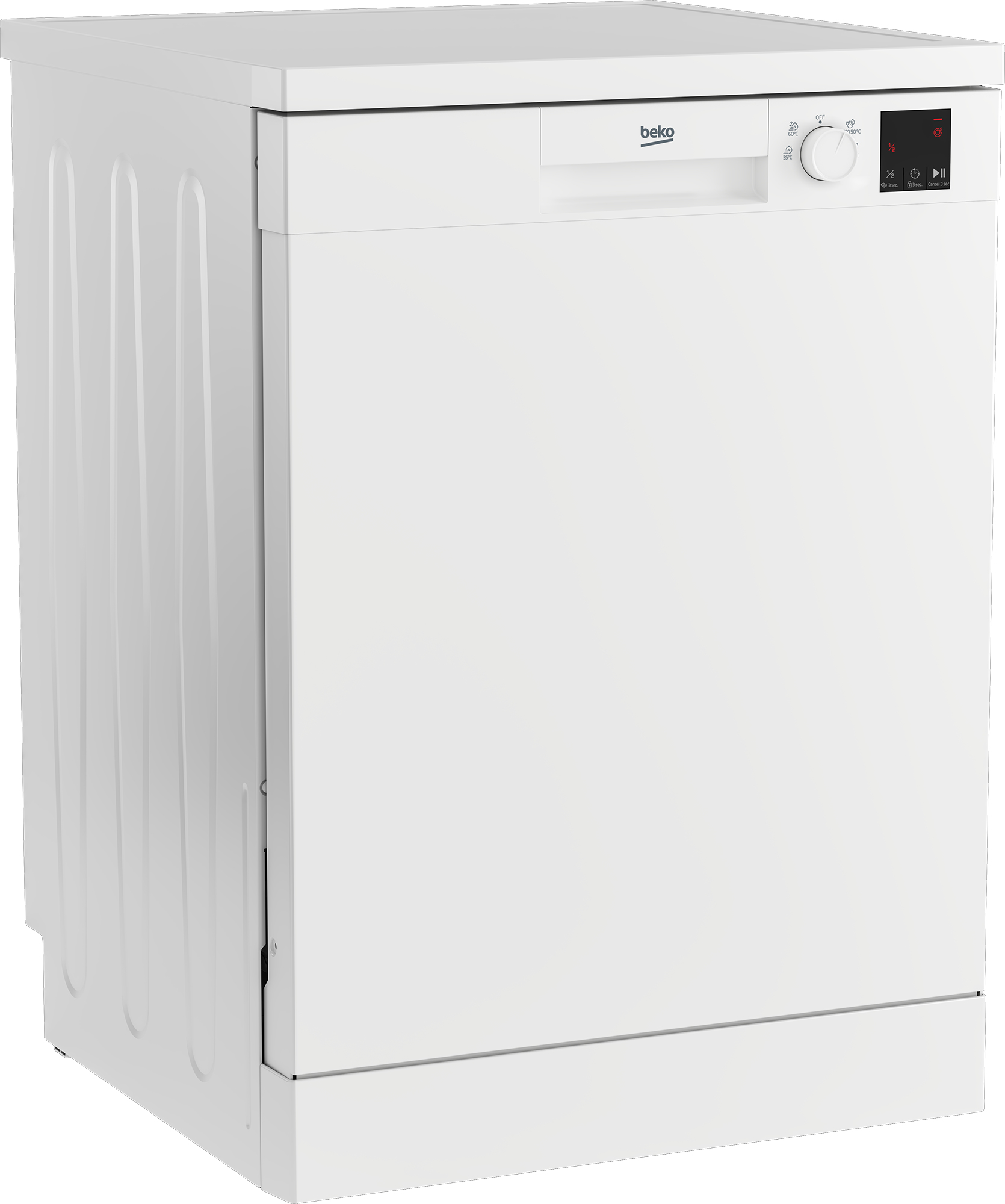 Lavatrice bianca. La porta è chiusa. Il marchio è Beko. Su sfondo bianco.
