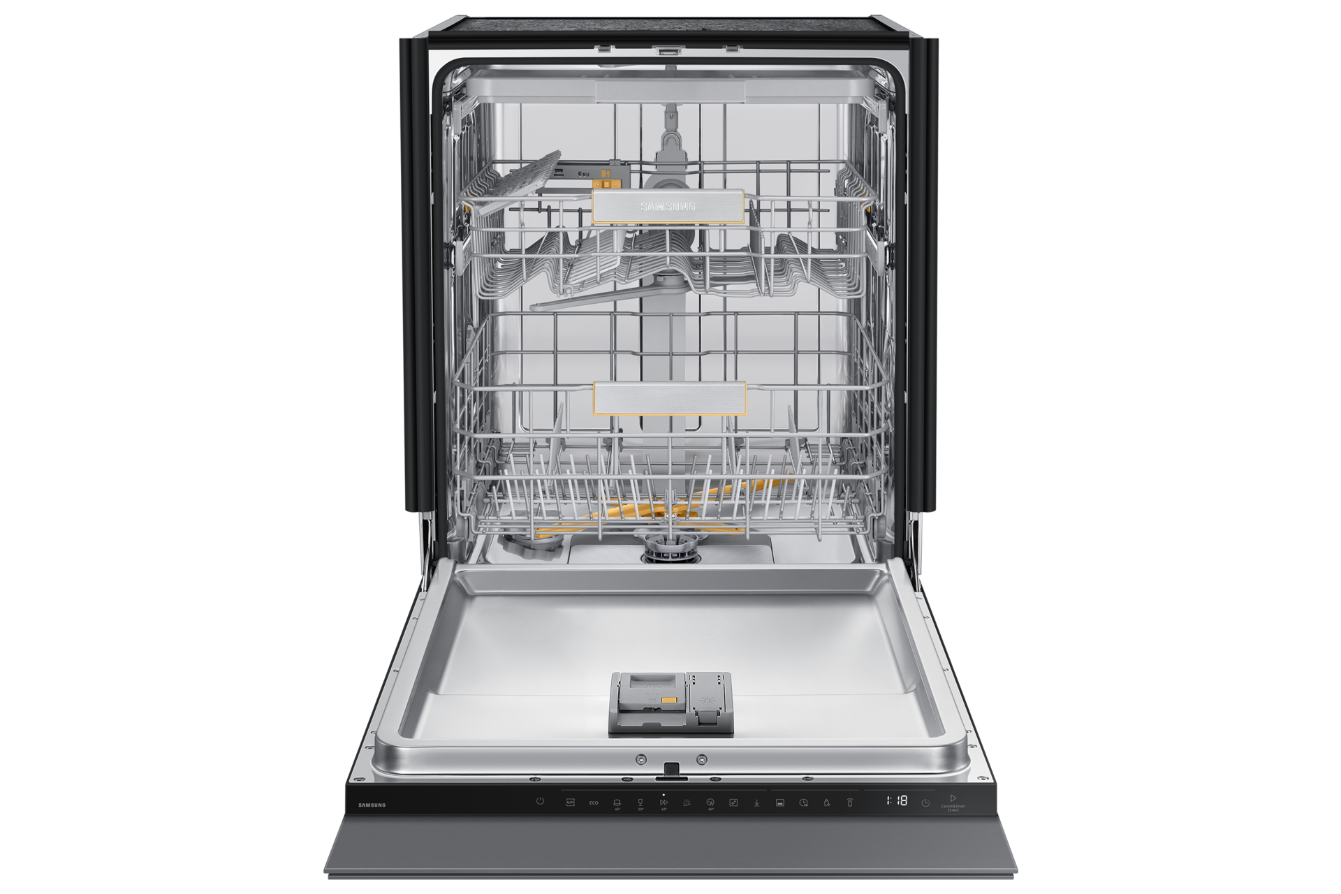 Zmywarka z otwartymi drzwiami, pokazująca wewnętrzne kosze i elementy sterujące. Marka 'SAMSUNG' na dole.