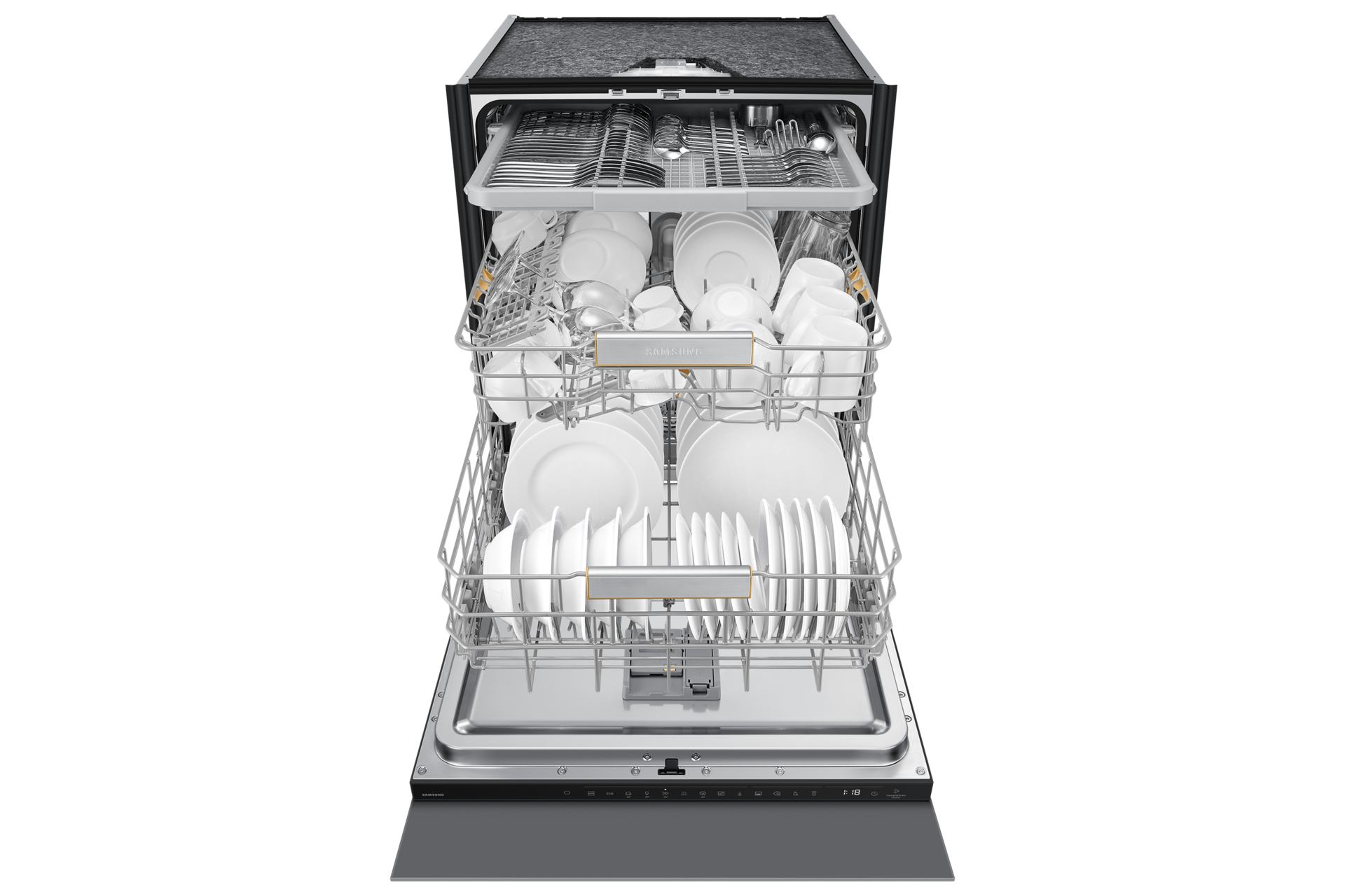 Zmywarka otwarta, wypełniona naczyniami i sztućcami. Wnętrze ze stali nierdzewnej.