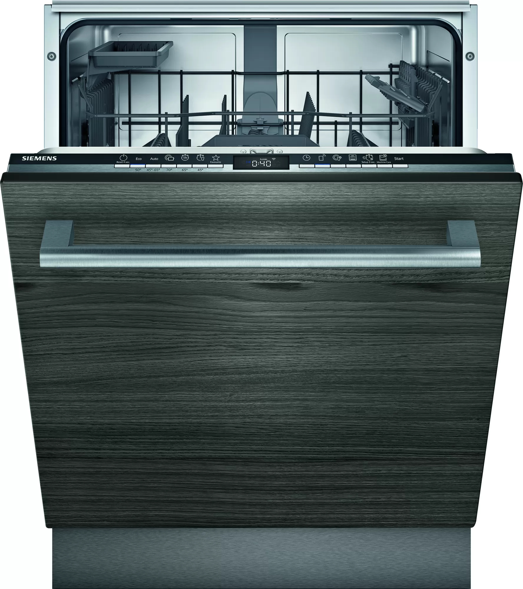 Lavastoviglie Siemens con porta aperta. Interno con cestelli visibile. Porta frontale in legno.