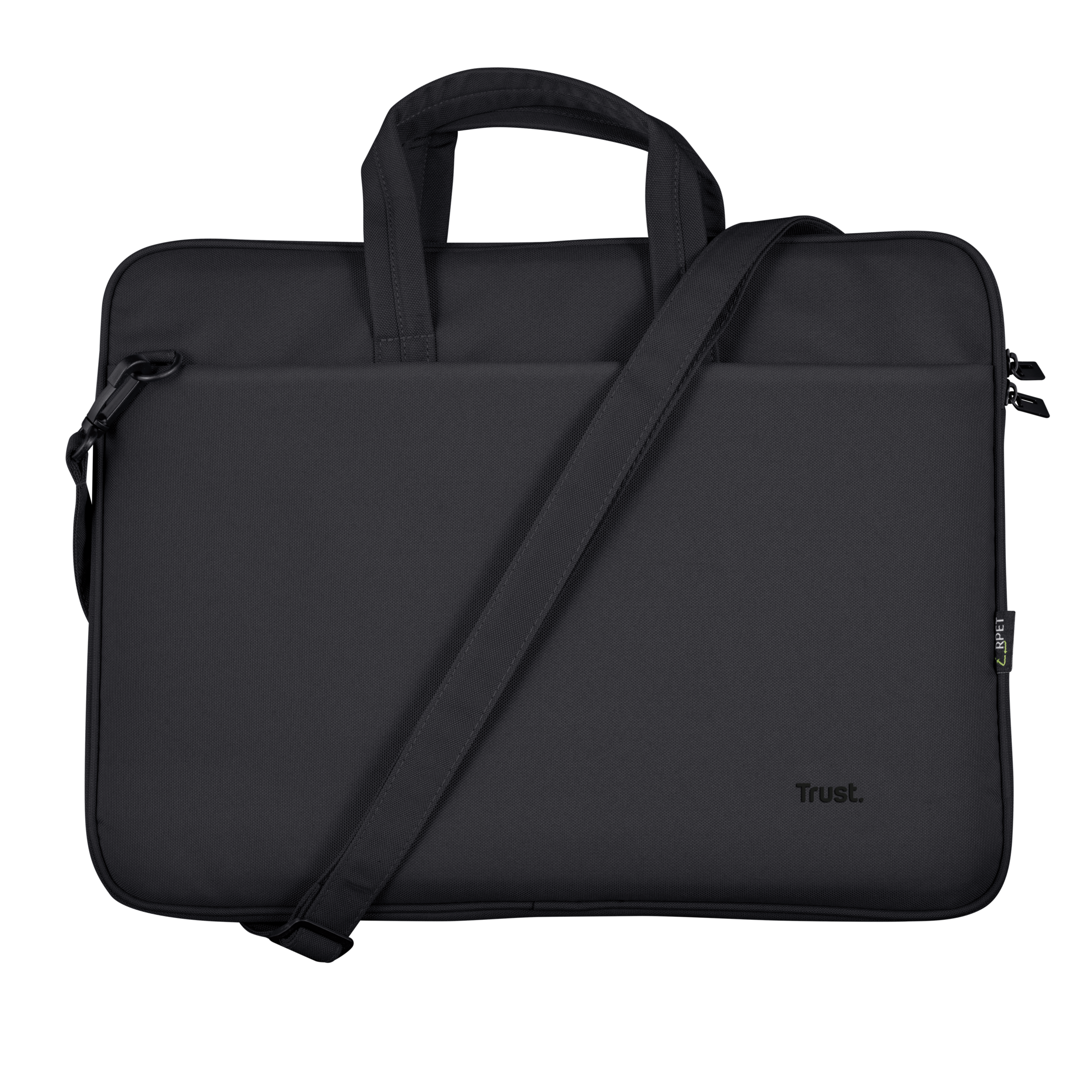 Un sac d'ordinateur portable noir avec une bandoulière et le mot Trust.