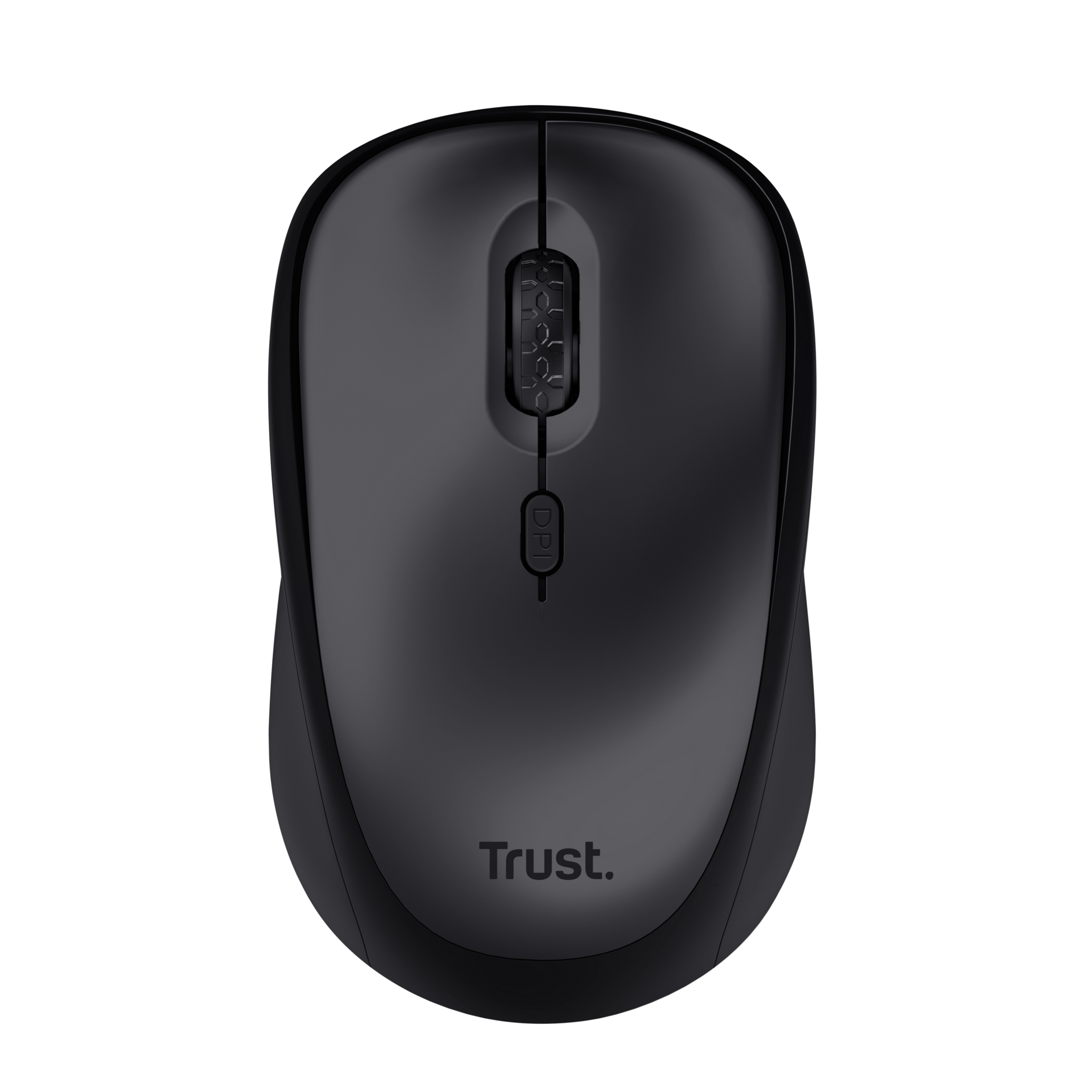 Souris d'ordinateur noire de Trust. Vue de dessus, fond noir.