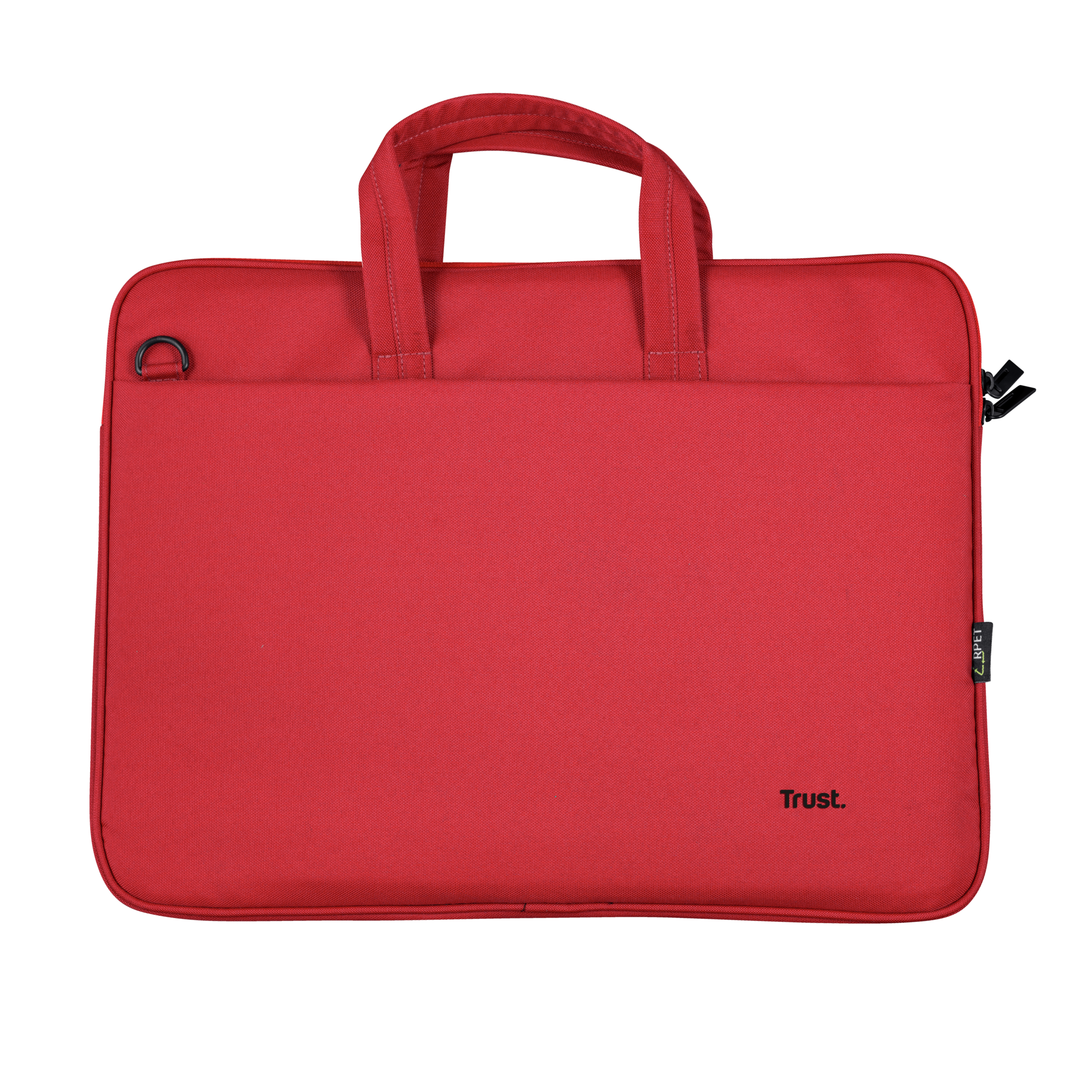 Borsa per laptop rossa. Rettangolare con manico. Il marchio 'Trust' è stampato in basso.