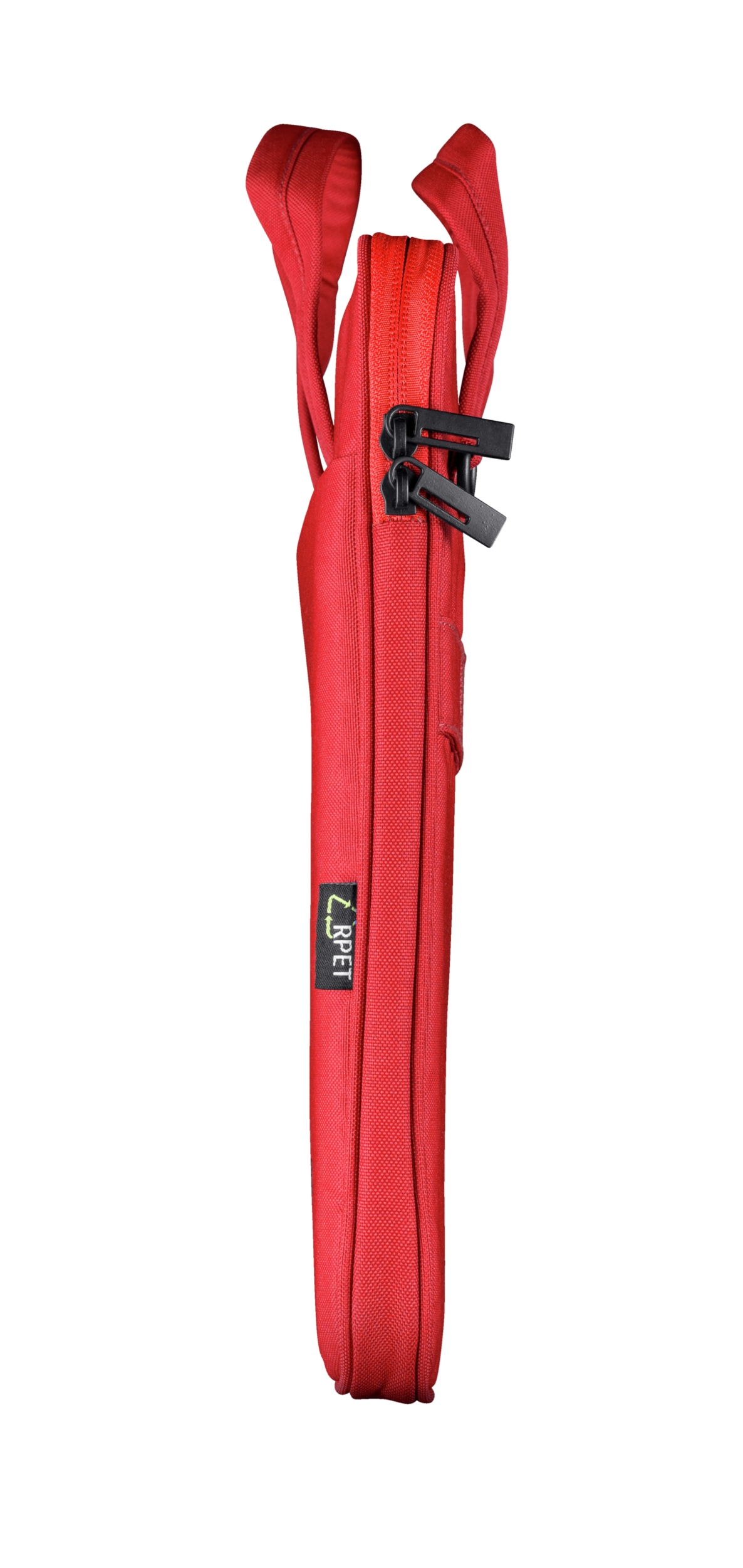 Un astuccio rosso con chiusure nere, su sfondo nero.
