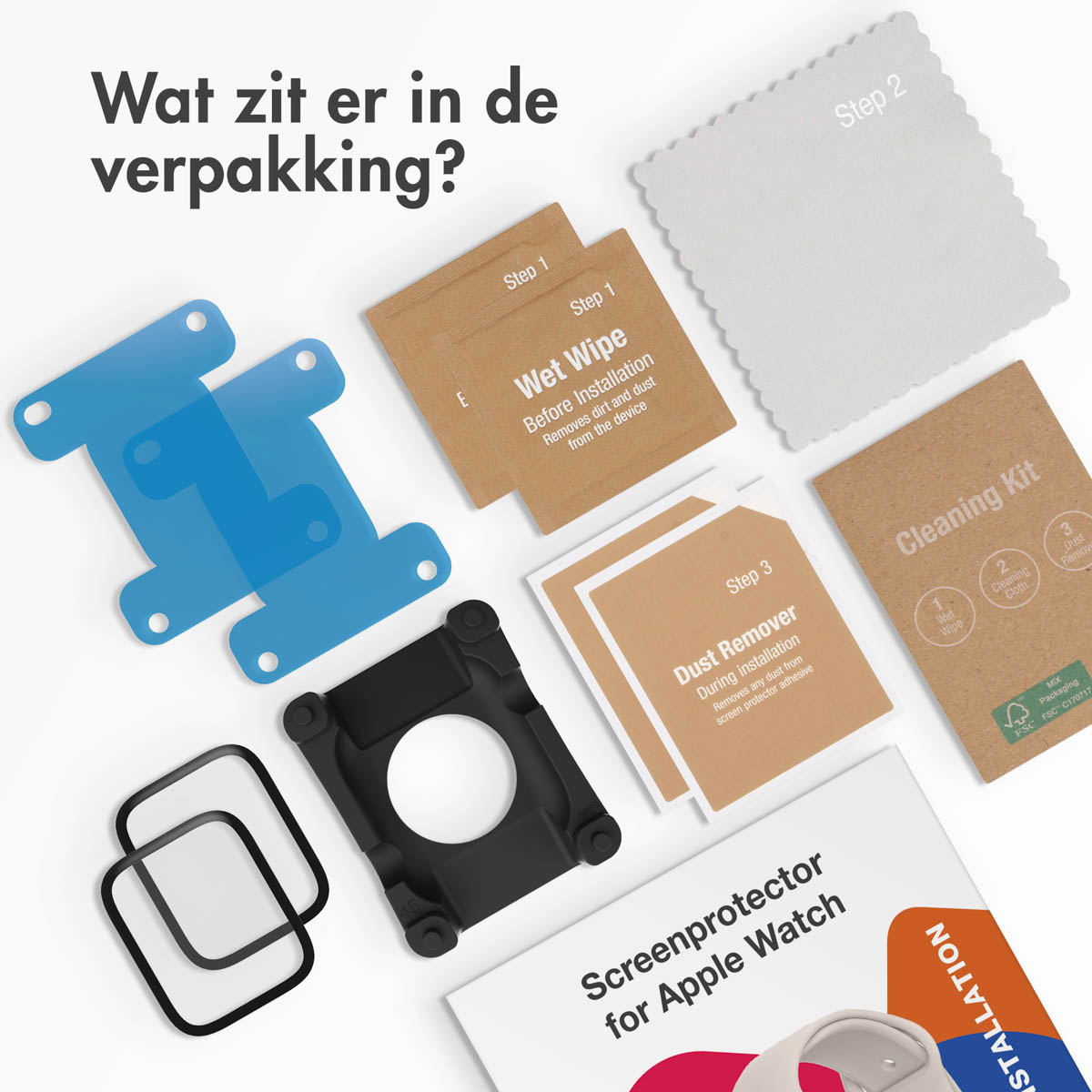 Various items for Apple Watch screen protection, including wipes, a screen protector, and a cleaning kit.