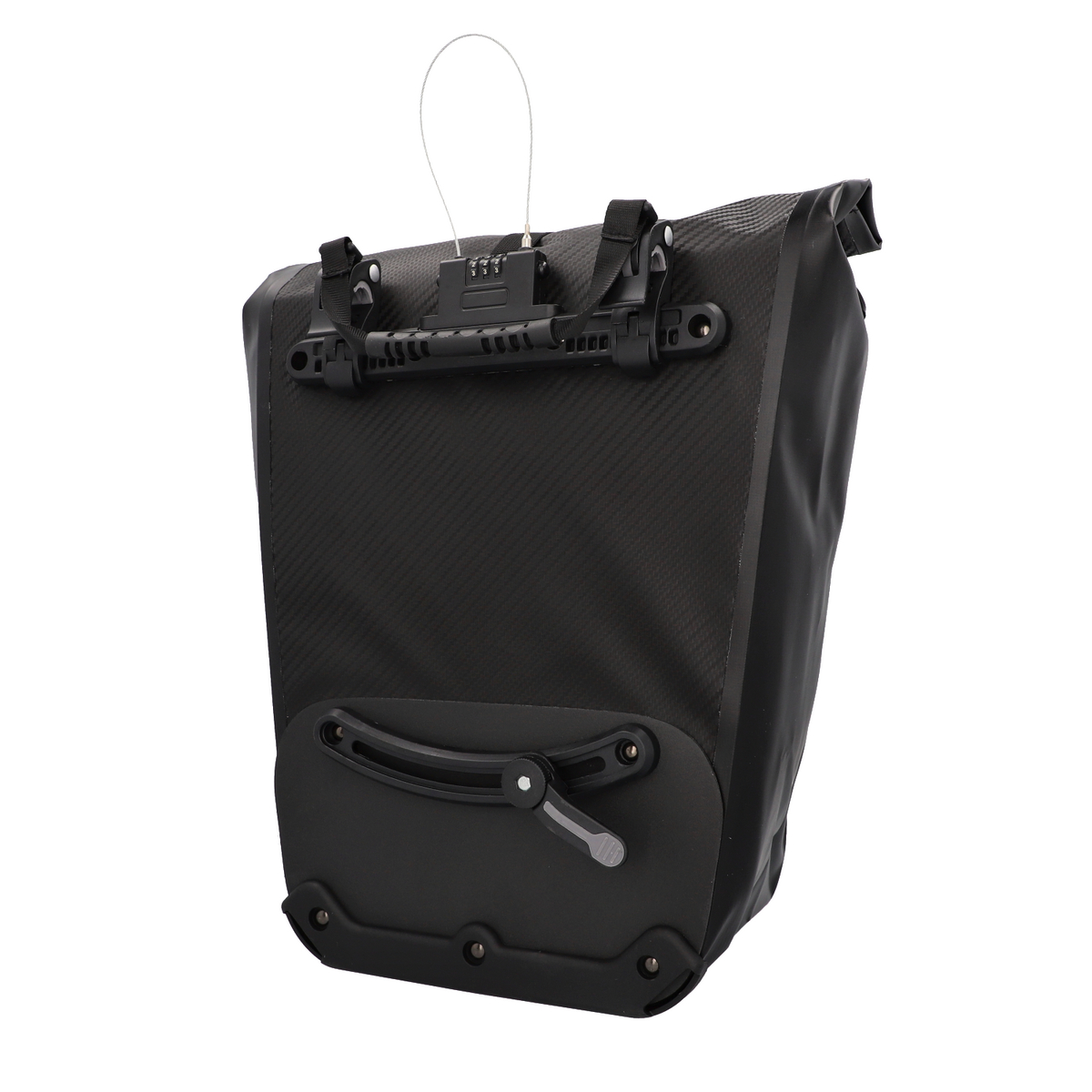 Schwarze Fahrradtasche mit Schloss, Riemen und strukturierter Oberfläche.
