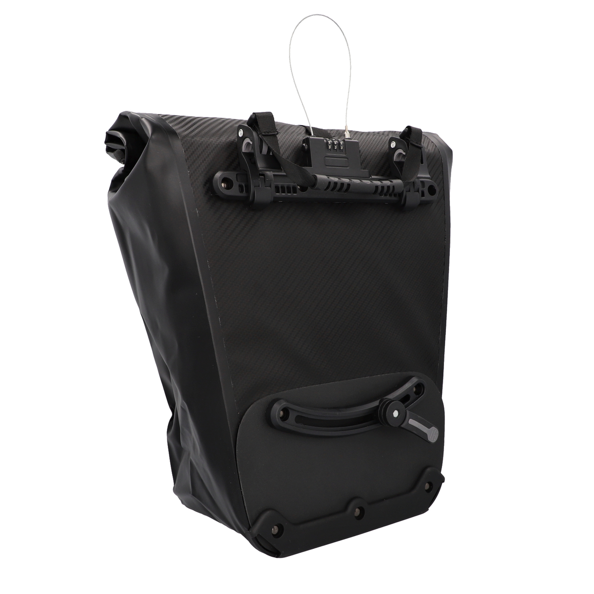 Eine schwarze Fahrradtasche mit Schloss und reflektierenden Streifen.