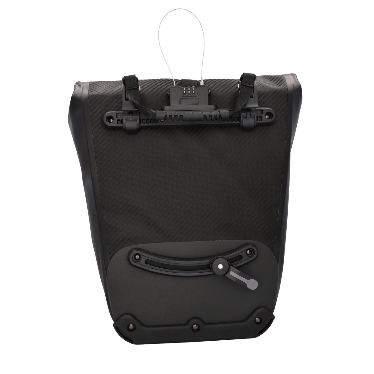 Eine schwarze Fahrrad-Gepäckträgertasche mit Verriegelungsmechanismus und strukturierter Oberfläche.