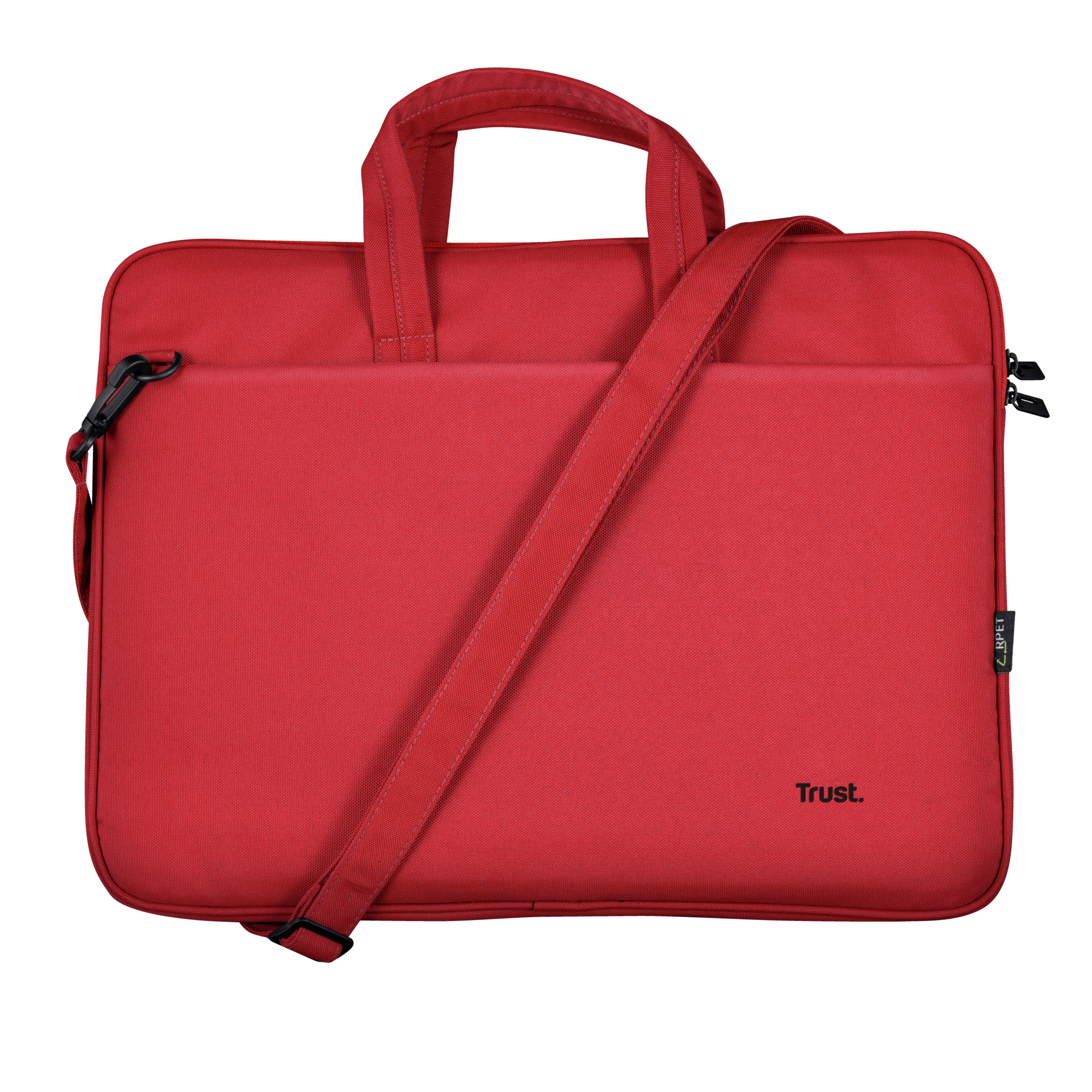 Borsa rossa per laptop con tracolla e maniglia. Il logo Trust è visibile.