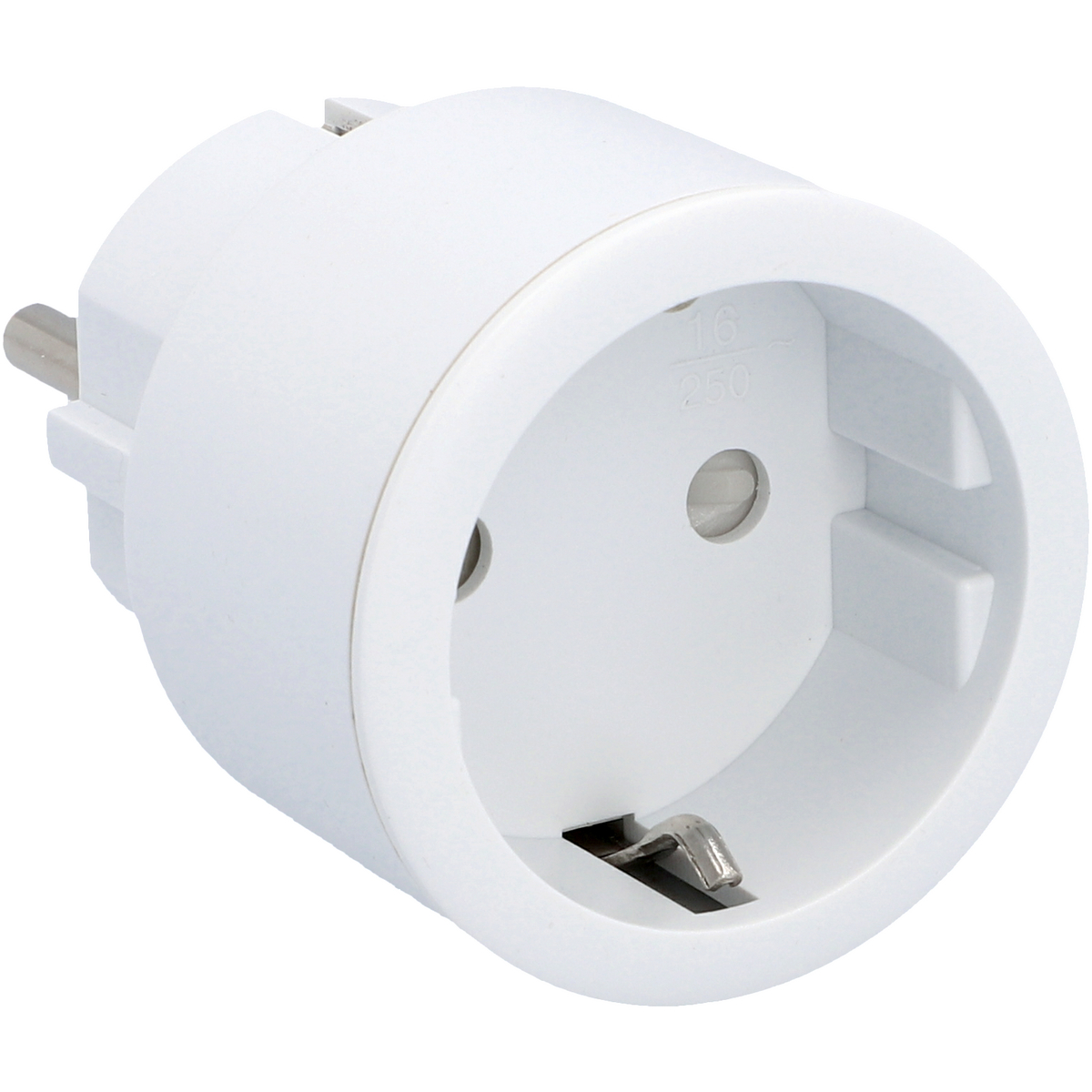 Weißer Netzadapter mit zwei Stiften und einer Steckdose für einen Stecker.