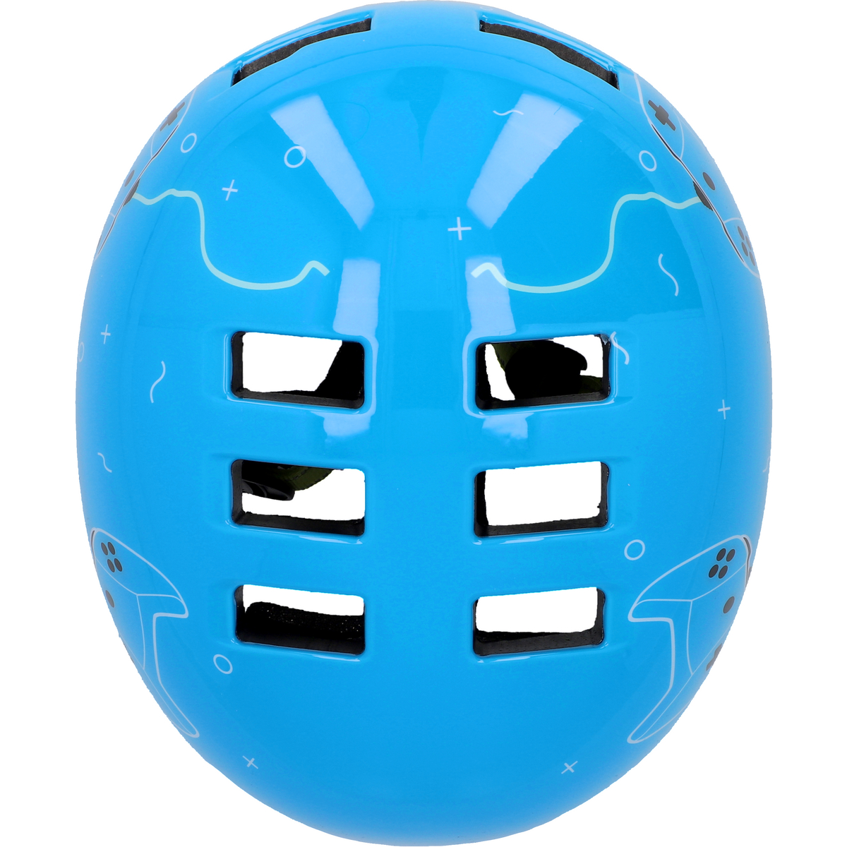 Blauer Helm mit weißen Designs. Der Helm hat mehrere Belüftungslöcher.