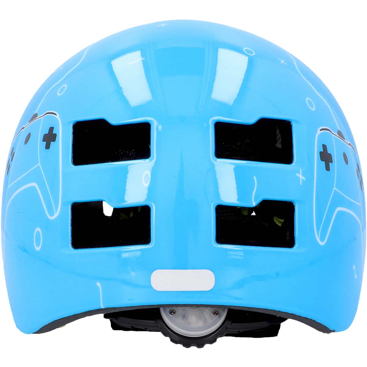 Blauer Helm mit weißen Grafiken, darunter Controller-Formen, von oben betrachtet.