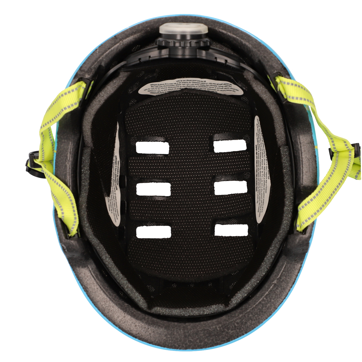 Blau-schwarzer Fahrradhelm mit gelben Riemen und weißem Innenraum.