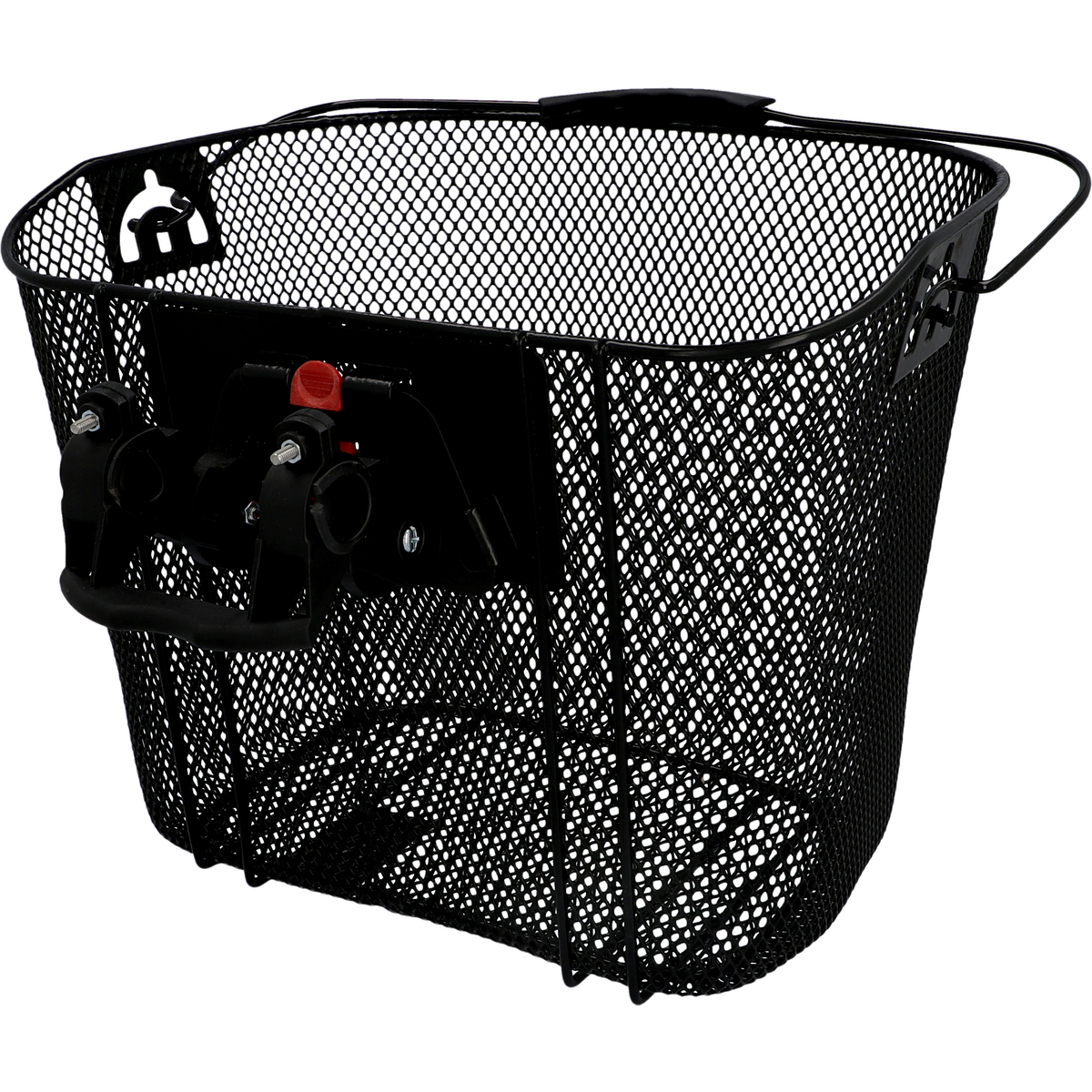 Schwarzer Metall-Fahrradkorb mit Befestigungssystem. Schwarze Befestigungsteile und roter Entriegelungsknopf.