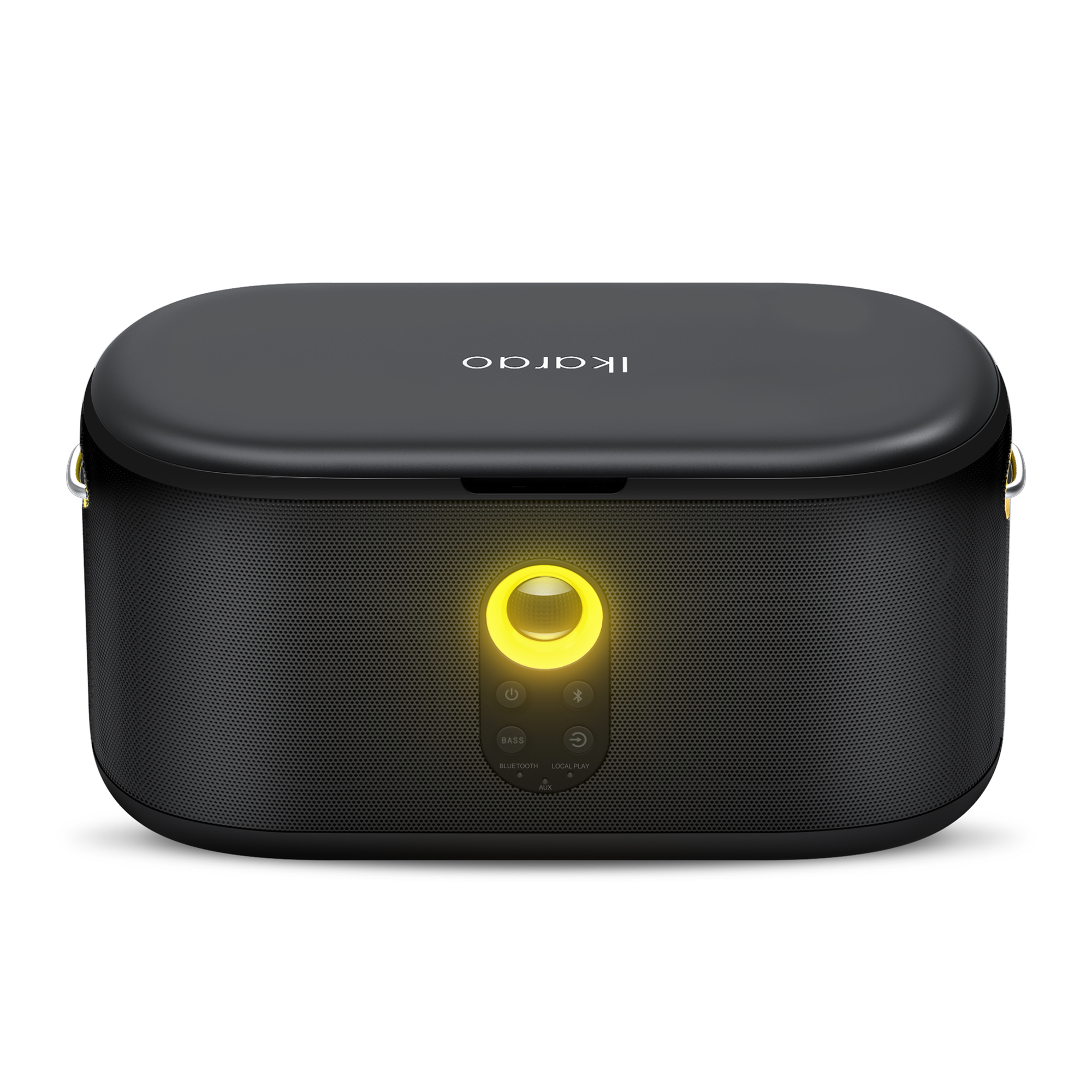 Ein schwarzer, oval geformter Lautsprecher mit einem gelben Licht um den Power-Knopf. Der Markenname steht oben.