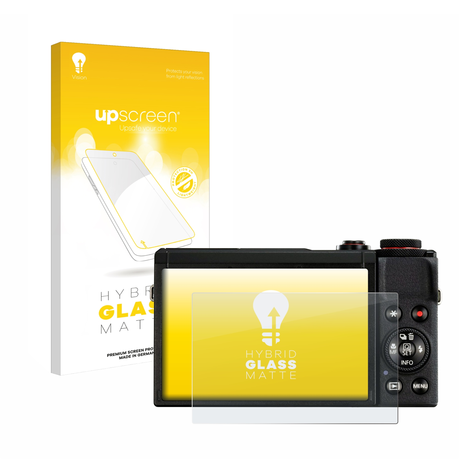 Kamera mit matter Displayschutzfolie und gelber Box. Auf der Box steht 'Hybrid Glass Matte'.