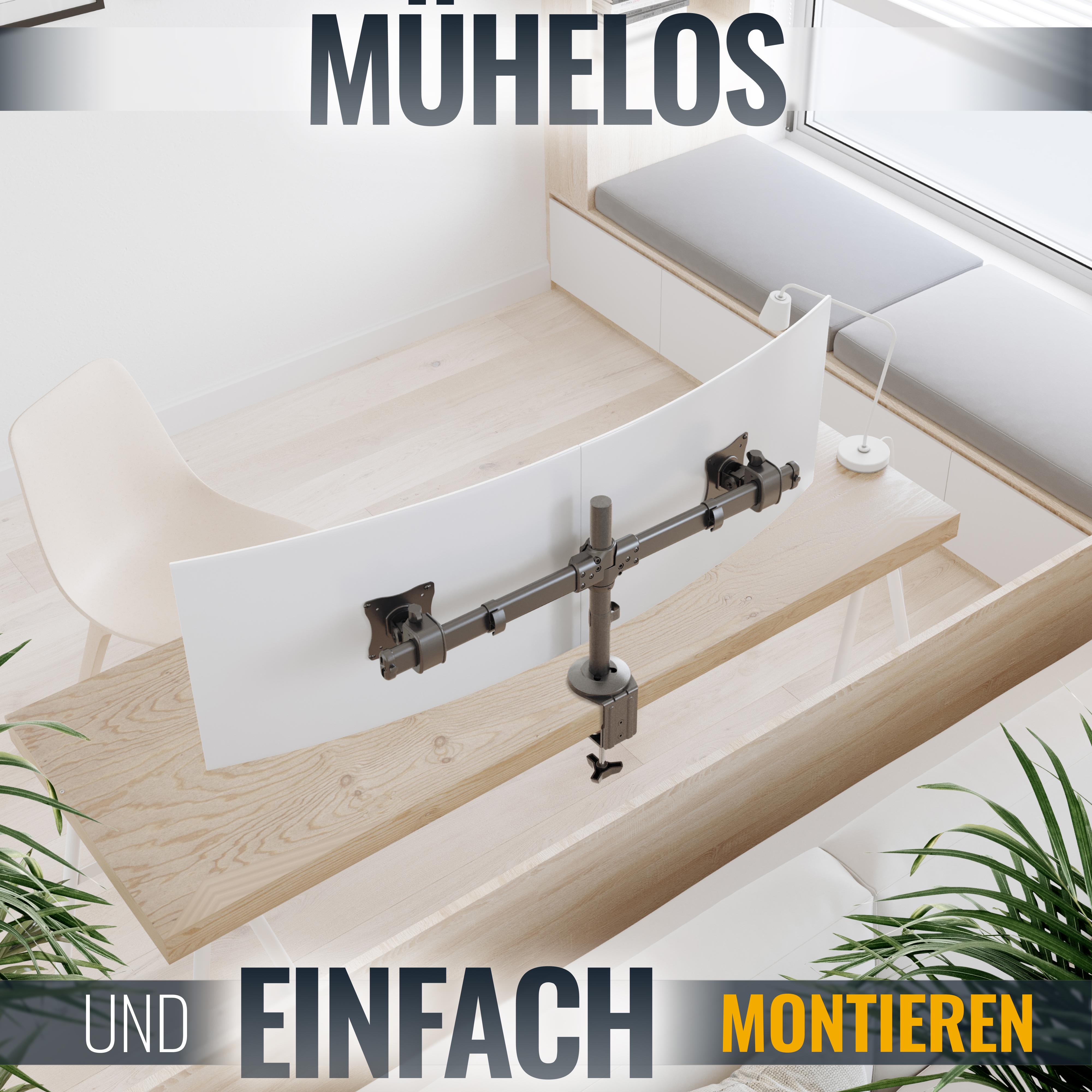 Ein gebogener Computermonitor, der von einem Ständer auf einem Holztisch gehalten wird. Die Wörter 'MÜHELOS' und 'EINFACH'.