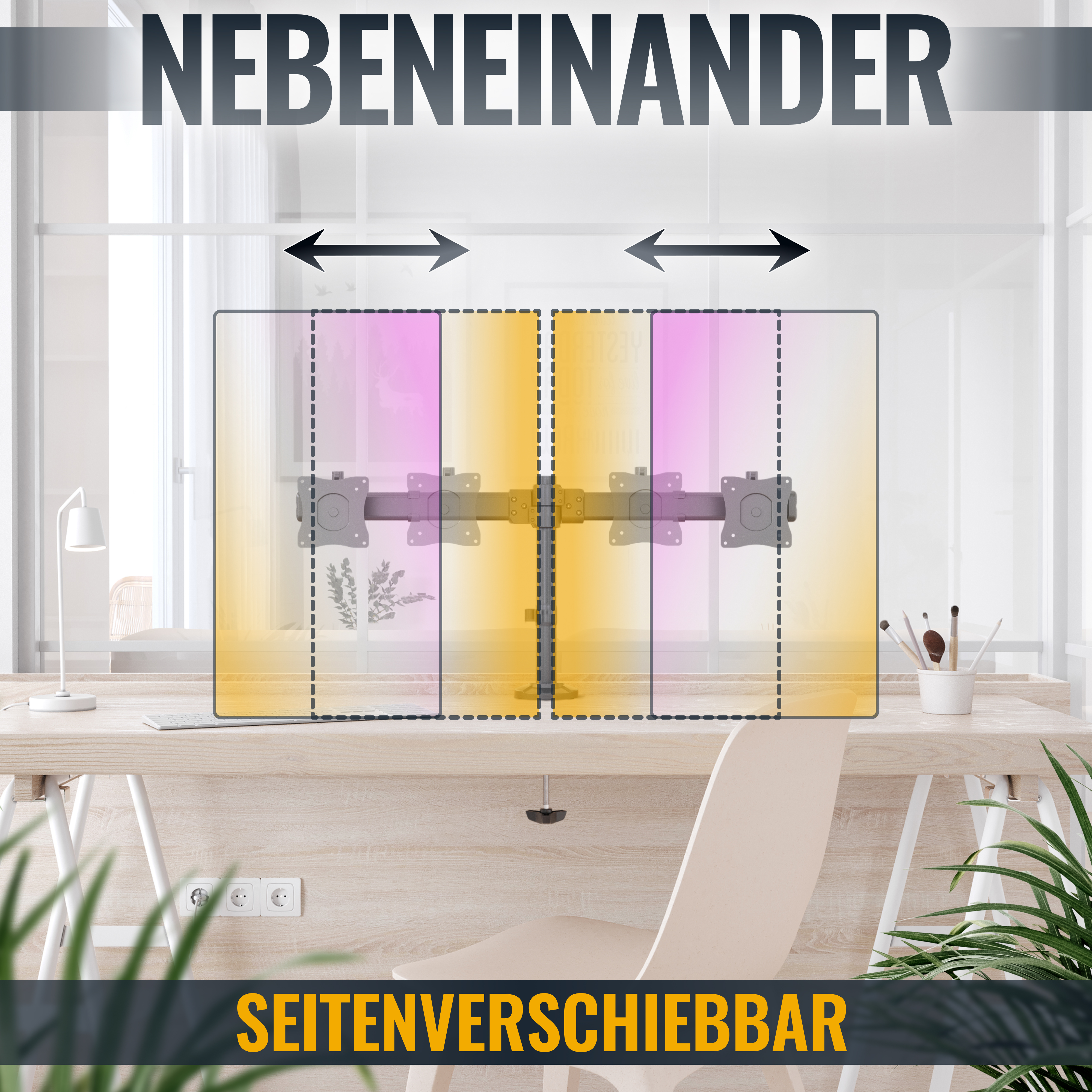 Dual-Monitor-Setup mit Pfeilen, die die nebeneinanderliegende Einstellung anzeigen. Weißer Schreibtisch, Fenster.