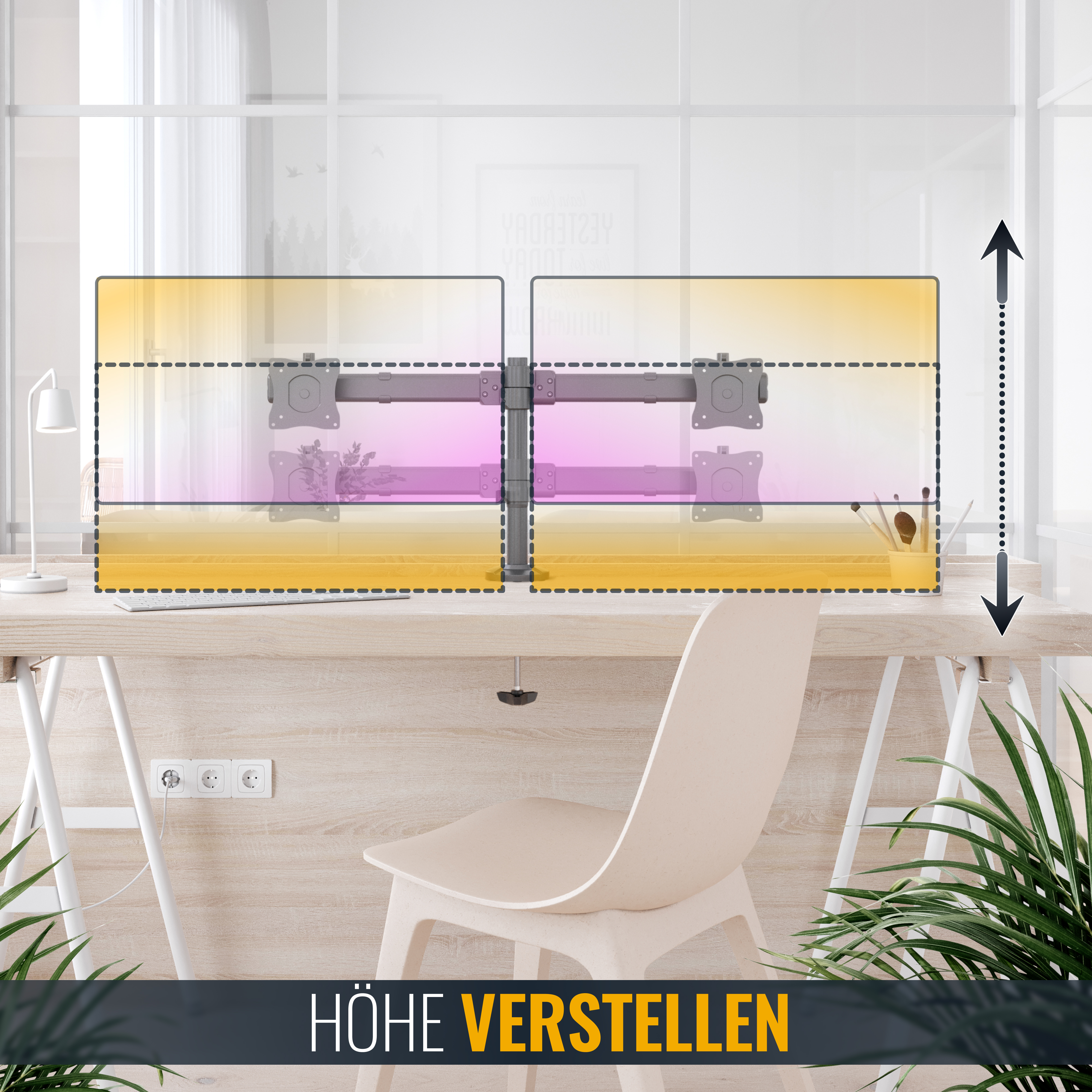 Doppelmonitor-Setup auf einem Schreibtisch. Displays sind gelb und rosa. Weißer Schreibtisch, beiger Stuhl, Pflanzen.
